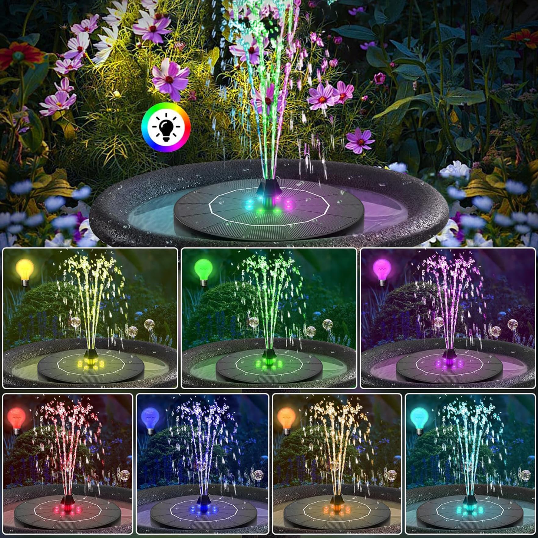 Fuente Solar para baño de pájaros, Bomba de Fuente Solar Negra de 3, 5 W con Luces LED Coloridas y boquillas reemplazables para baño de pájaros, jardín, Estanque, Piscina