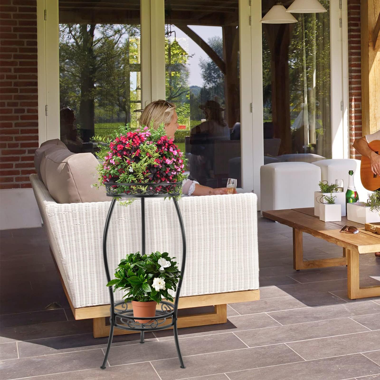 Bomclap Pflanzenständer Metall, 69cm Blumenständer Pflanzenständer, 2-stufige Blumentopf Ständer Blumentopfhalter für Drinnen & Draußen, Schwarz
