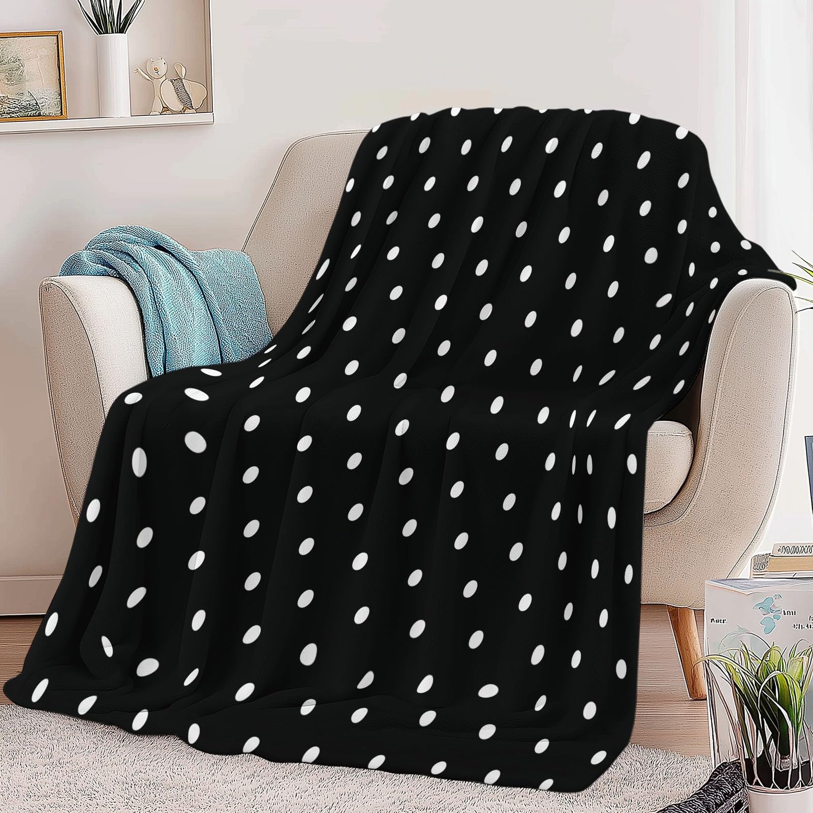 Manta para Sofá, Invierno Verano Manta Polar Puntos Blancos Geométricos Cálida Mullida Super Caliente Ligera Mantas Cama para Adulto y Niño Sala de Estar, Negro, 200x200 cm