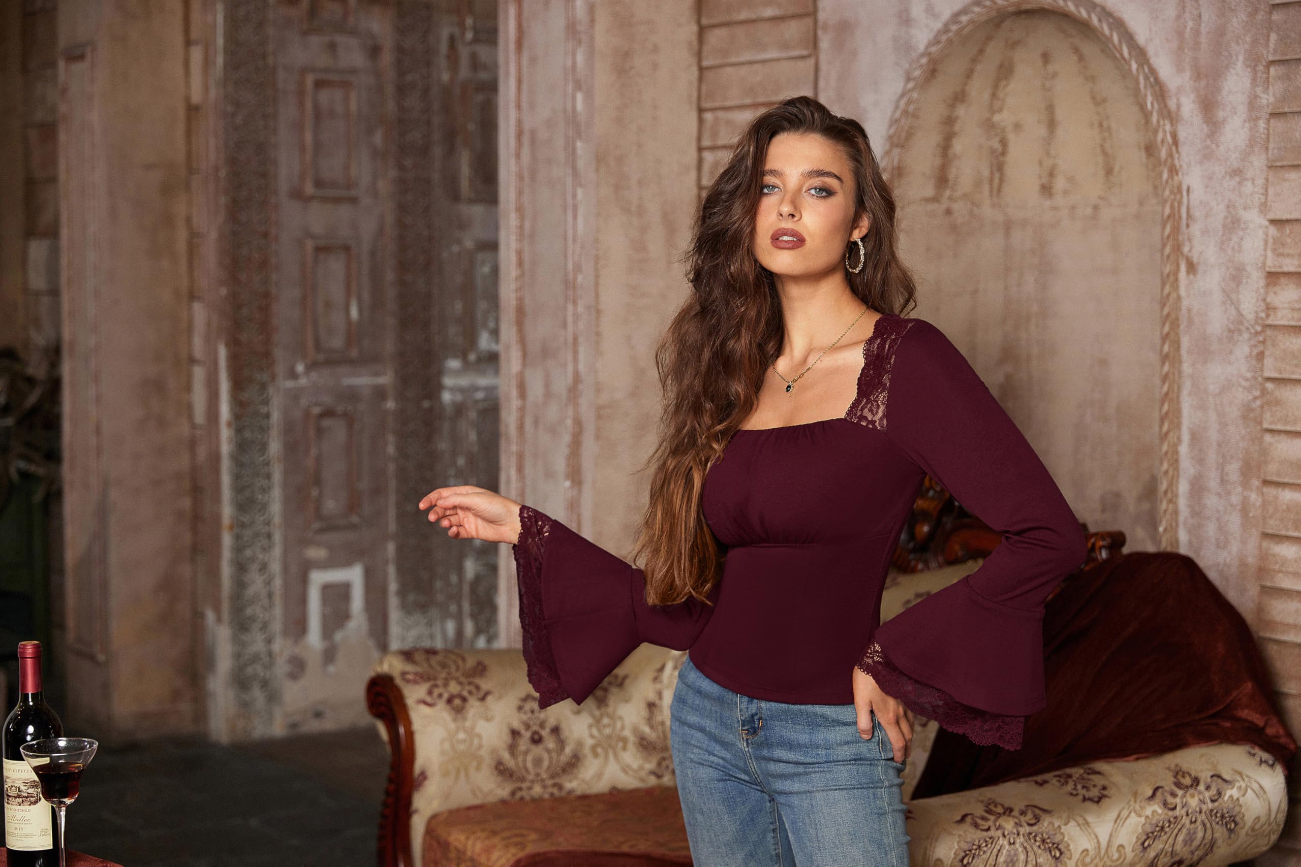 SCARLET DARKNESS Damen Viktorianisch Bluse Quadratischer Kragen Langarm Slim Fit Renaissance Oberteile mit Spitzen