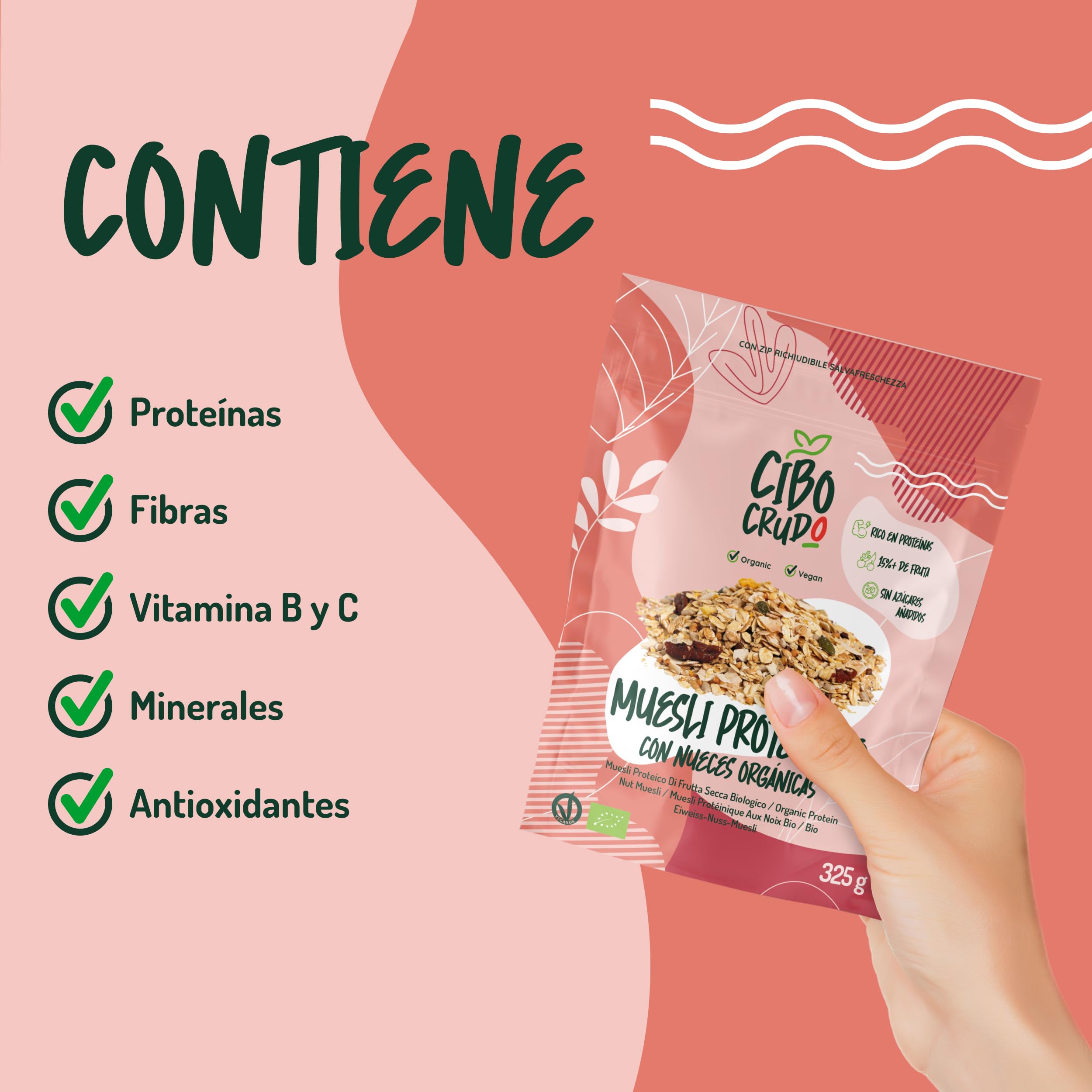 Muesli de Frutos Secos sin Azucar - 325g. Muesli con Copos de Avena Copos de Centeno y Coco con Granos de Avellana Semillas de Calabaza Anacardos Granos de Cacao en Trozos Almendras y Pecanas.