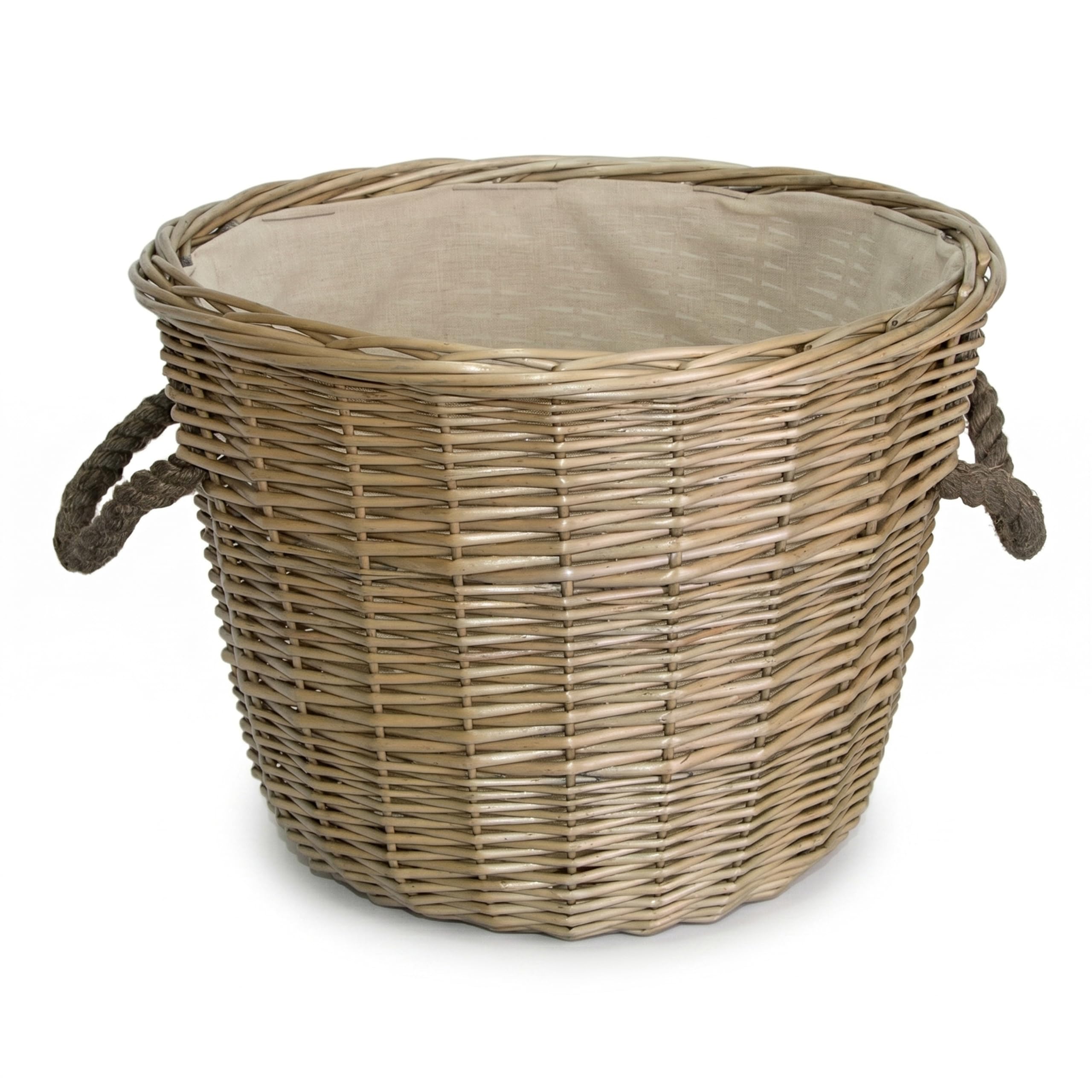 Wickerfield Grey Wicker Log Basket For Wood Burner Indoor, Large Wicker Storage Basket With Rope Handle & Lining, Wood & Kindling Storage Baskets For Logs (Round, Wash)
