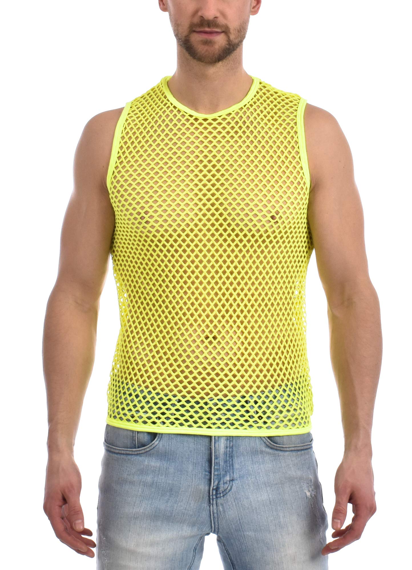 Gary Majdell SportMen's See Through Spandex Fish Net Fitted Muscle Top for Club, Beach, or Gym Wear