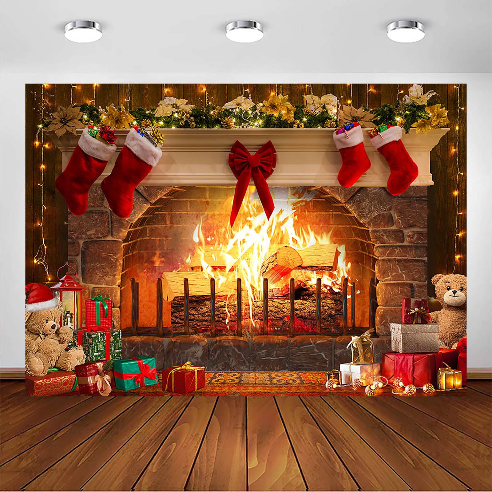 Avezano Sfondo natalizio per caminetto fotografico, decorazione natalizia con mattoni rossi, decorazione per feste in famiglia, accessori per cabina fotografica (3 x 2,1 m)