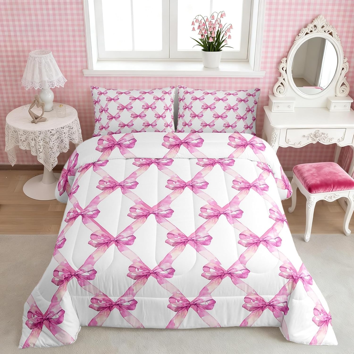 Manfei Purple Bowknot Girly Twin Size Comforter Set,Watercolor Bow Geometric Grids Duvet Set Soft Bed Collection,Dreamy Princess Style White Bedding Comforter for Kids Adults Bedroom,2 Pcs