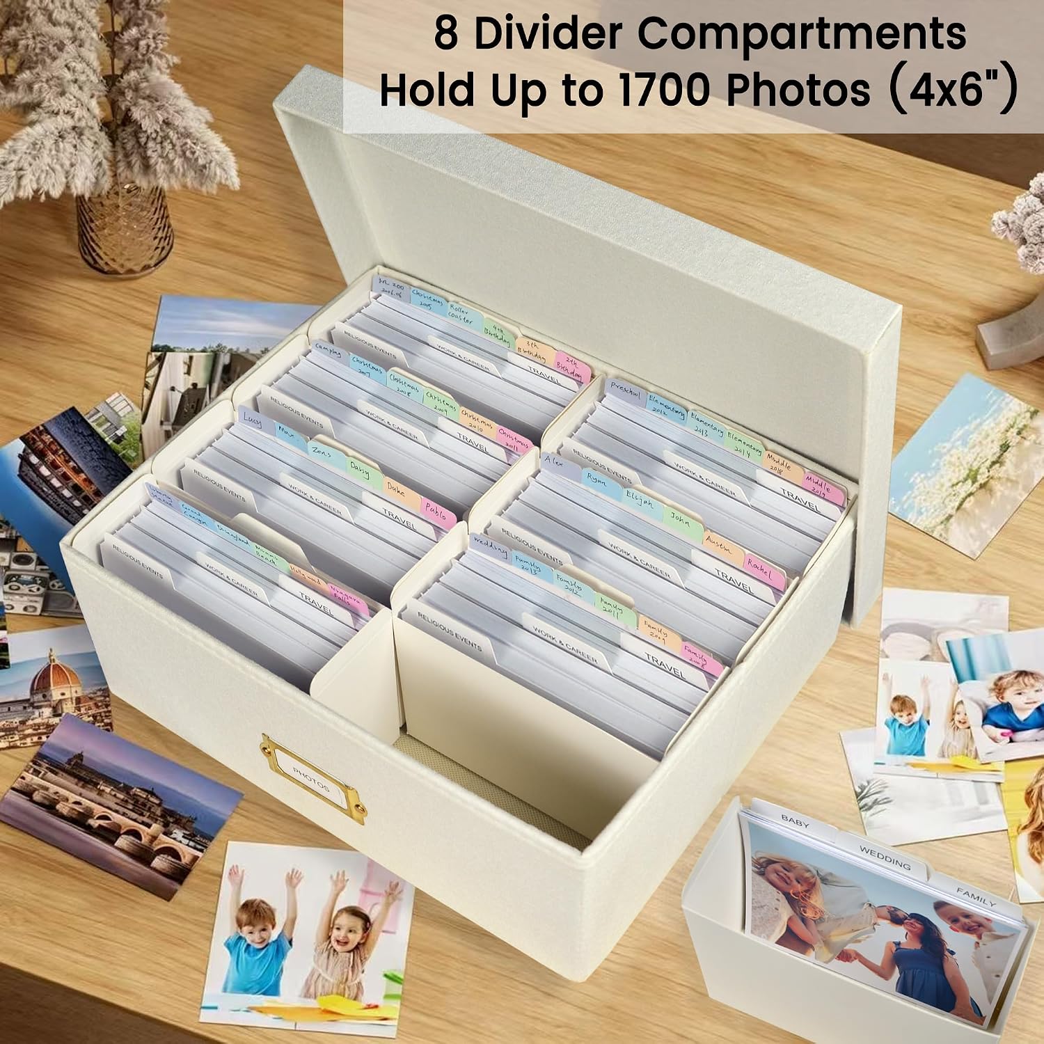 Linen Photo Storage & Keepsakes Box with Dividers for Cards & Photos image 2