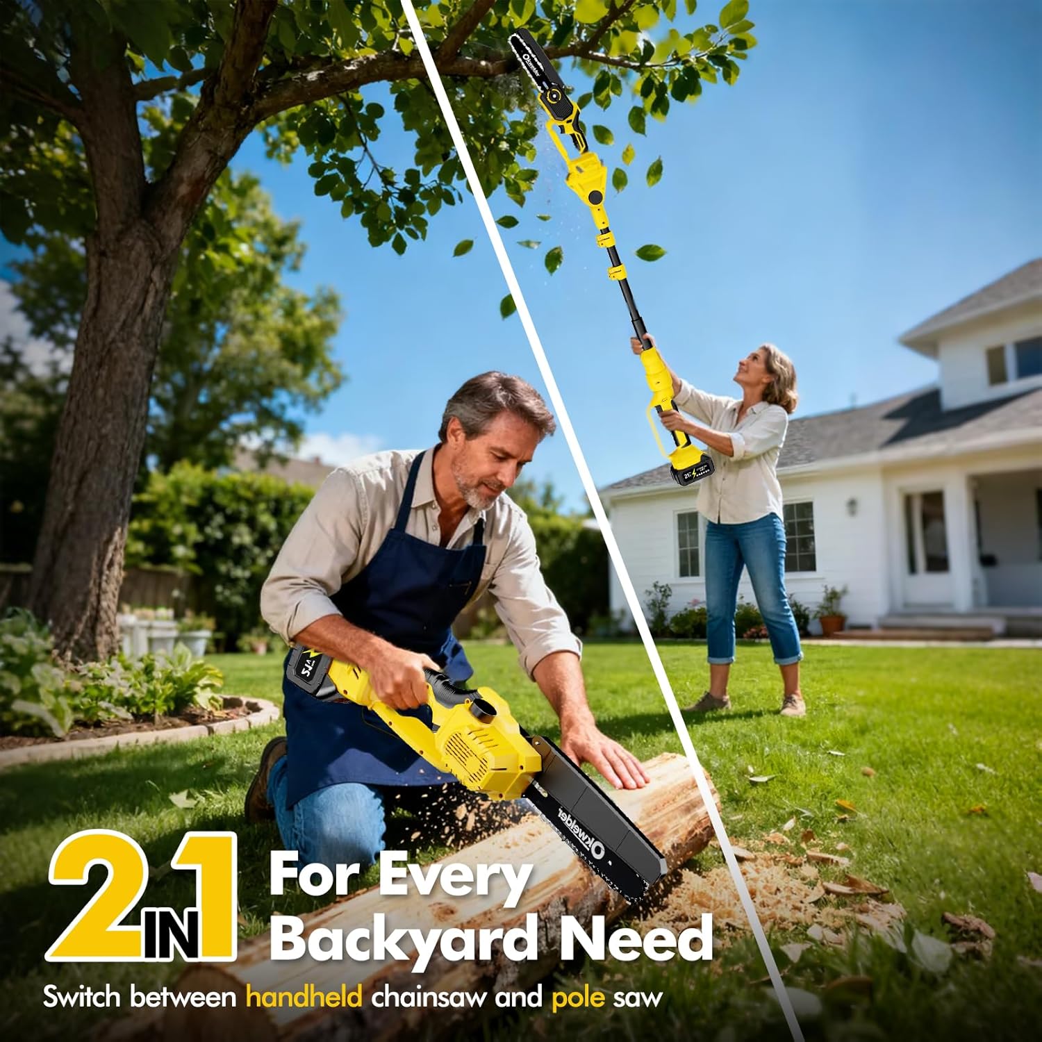 Cordless Pole Saw 8 Inch, 2-in-1 Electric Pole Saws Mini Chainsaw with 2x 3.0Ah Battery Pole Saws for Tree Trimming, Battery Powered Pole Chain Saw for Tree Branches Wood Cutting