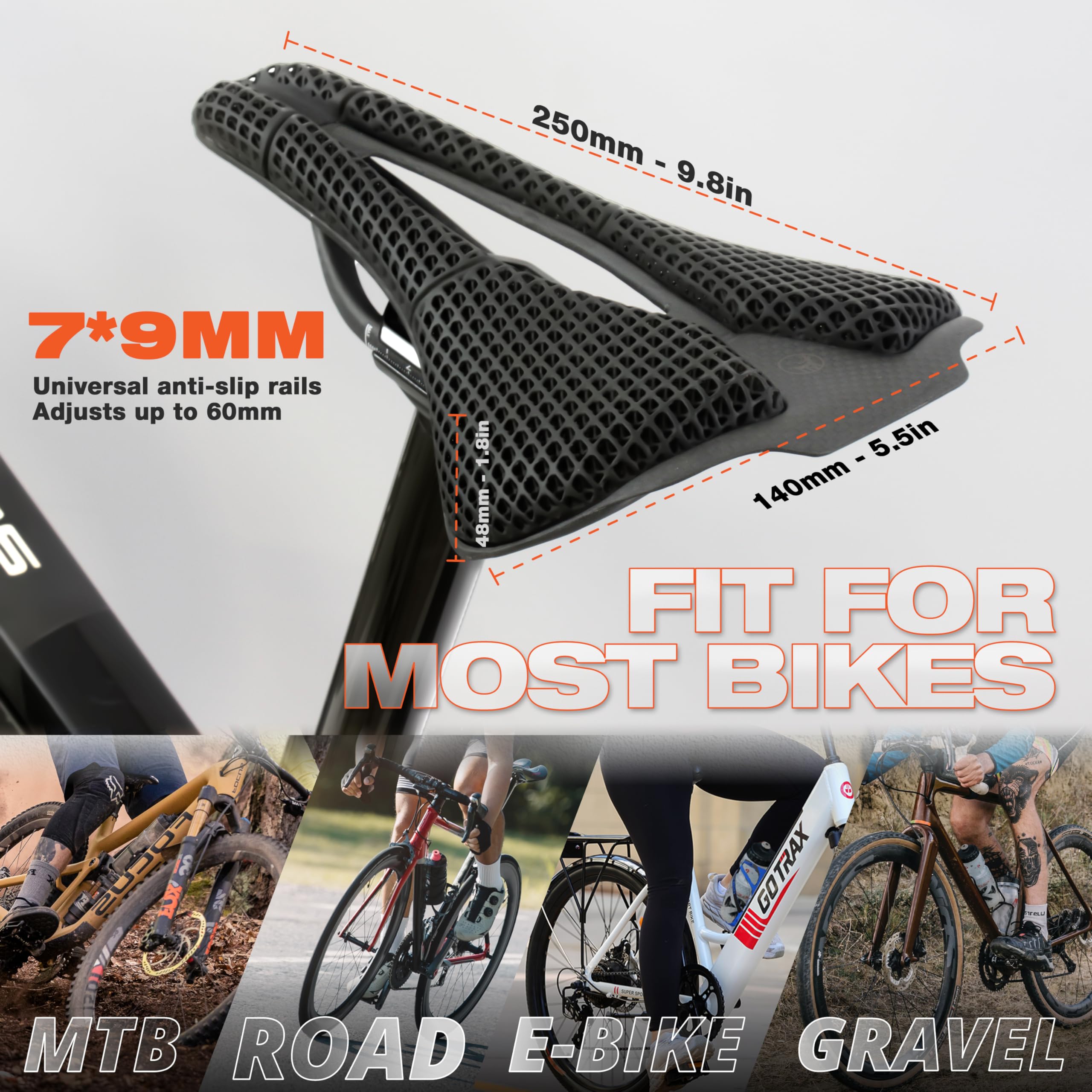 IMPALAPRO Sillín de Carbono Impreso en 3D Ultraligero 250x140mm — Sillín 3D T800 Firmeza Alta - Sillín Bicicleta Carbono con Hueco Ergonómico Transpirable — Raíles Ovalados 7x9mm