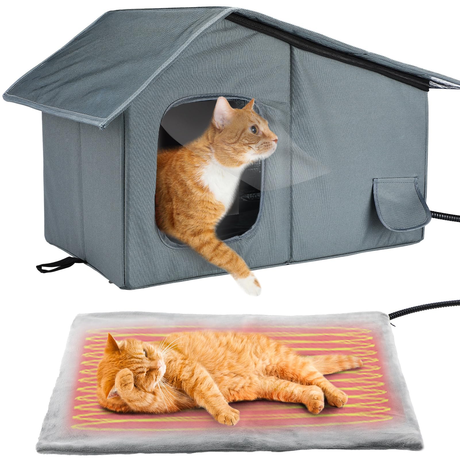 MEWTOGO Large Heated Cat House, Waterproof Outdoor Cat Shelter for Winter with Thermostatic Heating Pad and Escape Door, Sturdy Warm Outside Pet House for Feral Cats Small Dog