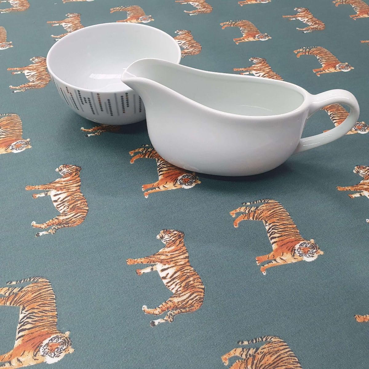 Jolee... Fabrics: Animal Pattern Oilcloth Wipe Clean Table Cloth - Table Cloth Wipe Clean - Oilcloth Table Protector - Durable Easy Maintenance (Duck egg Tigers, Rectangle 132cm x 250cm)