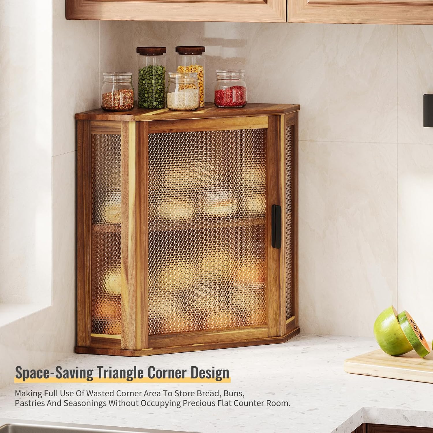 Acacia Corner Bread Box for Kitchen Countertop, Large