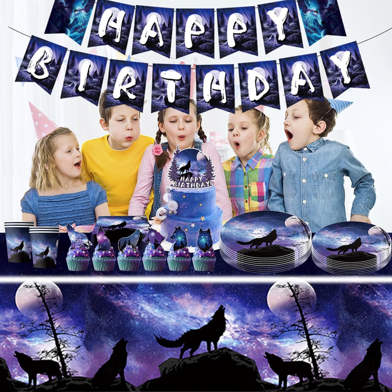 95Pcs Wolf Party Supplies Serves for 10 Guests, Wolf Plates Napkins Paper Cups Tablecloth Banner Balloons Cake Toppers for Boys Girls for Galaxy Wolf Birthday Party Decorations