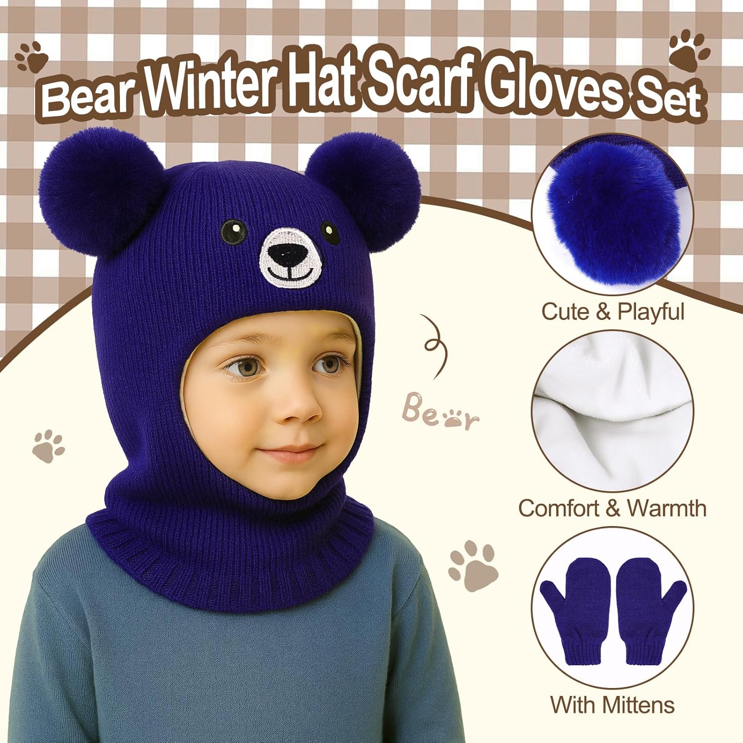 Toddler Baby Winter Hat Scarf Gloves Set, Bear Embroidery Pom Infant Boys Girls Acrylic Beanie Hat Warm Knitted Gloves 1-5Y - Image 2