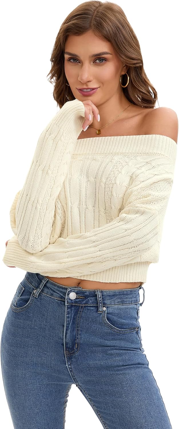 Womens Off Shoulder Sweater Cable Knit Cropped Sweaters Batwing Long Sleeve Pullover Tops Fall Fashion Outfit - Image 6