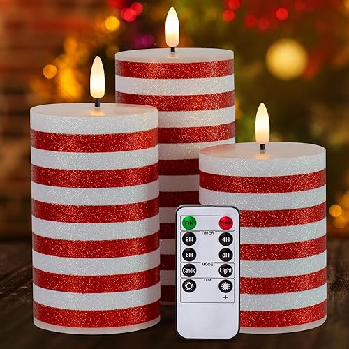 Miniatura 8 de Velas parpadeantes de Navidad sin llama con rayas rojas con purpurina, pilar de cera real, velas eléctricas LED con temporizador remoto para Rayas