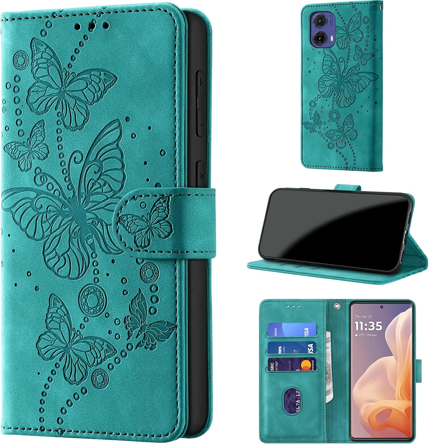 Mobile Phone Case for Motorola Moto G85 5G Case Foldable Premium PU Leather Flip Case RFID Protection Card Slot Stand Function Leather Embossing Protective Flip Case Cover Turquoise