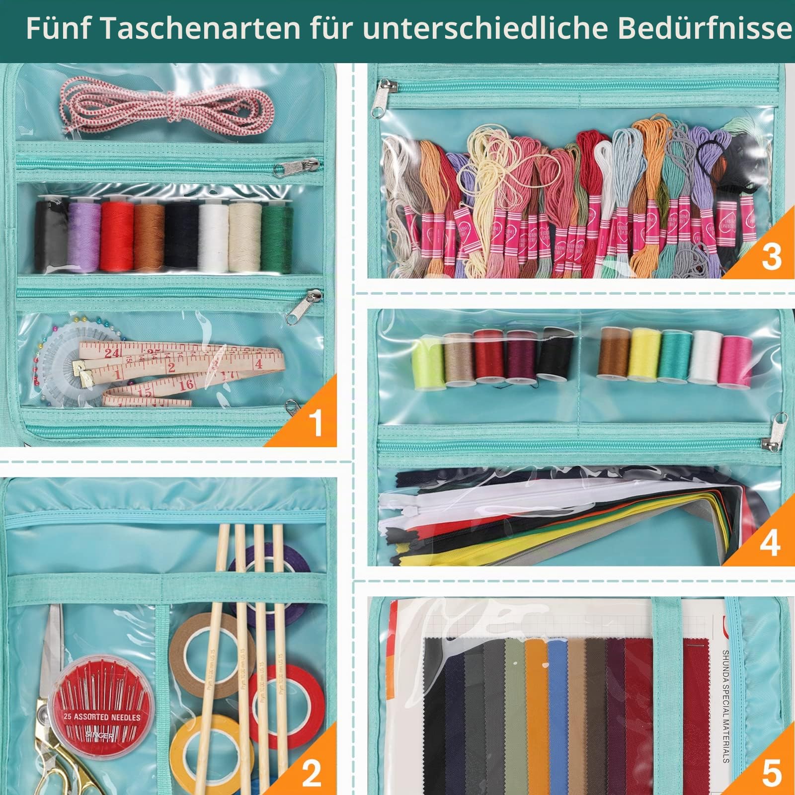 FINPAC Aufbewahrungstasche für Näh- und Bastelbedarf, große Kapazität, Reiseverpackung, Organizer-Tasche mit transparenten Taschen und Griff zum Stricken, Häkeln, Kunst, Nähzubehör