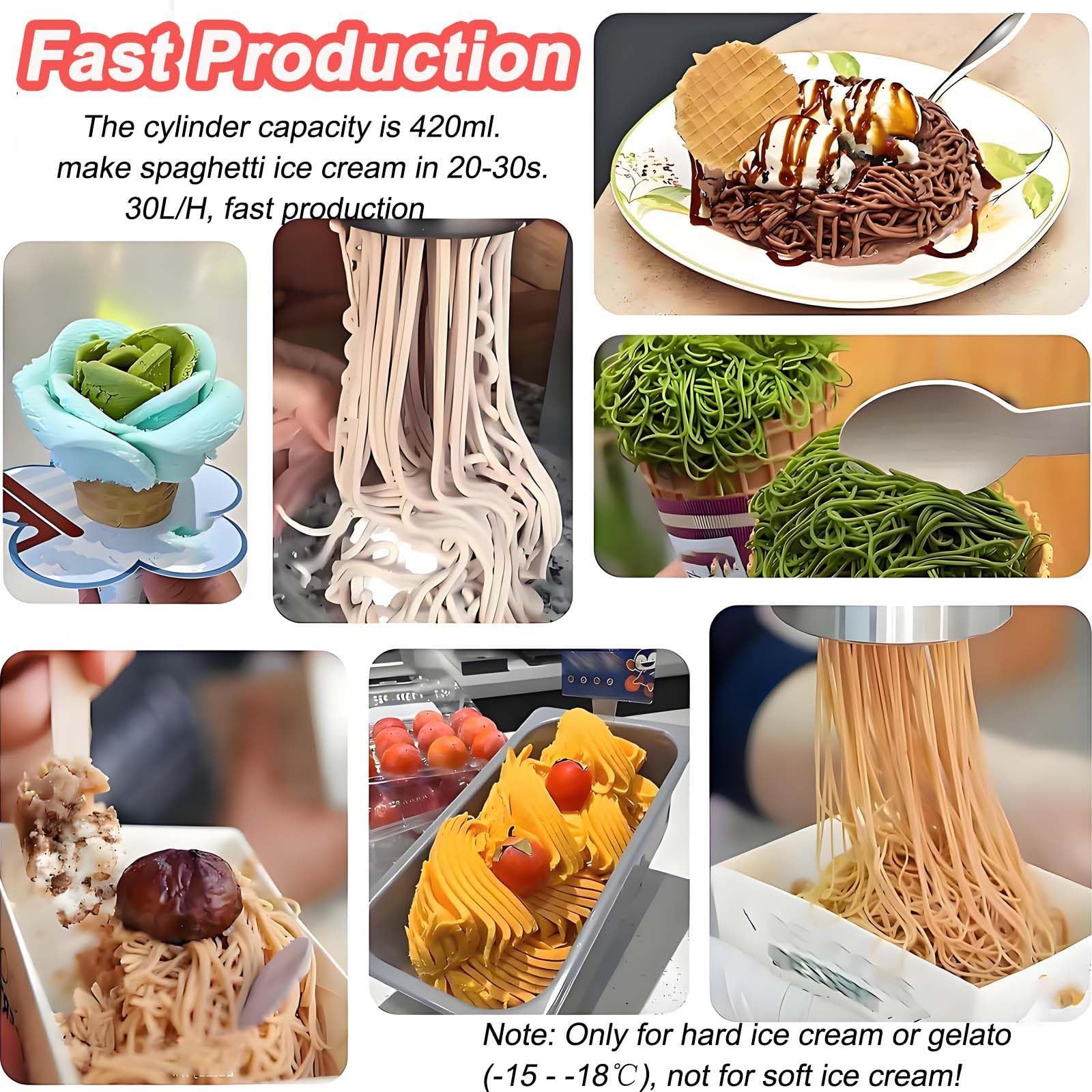 Professionelle Spaghetti-Eismaschine, 0,42-Liter-Edelstahlbehälter, 28–30 l/h hohe Kapazität für Softeis in 4 Formen, lustige Nudeleis- und Sorbetmaschine für Kinder und Familienfeiern red