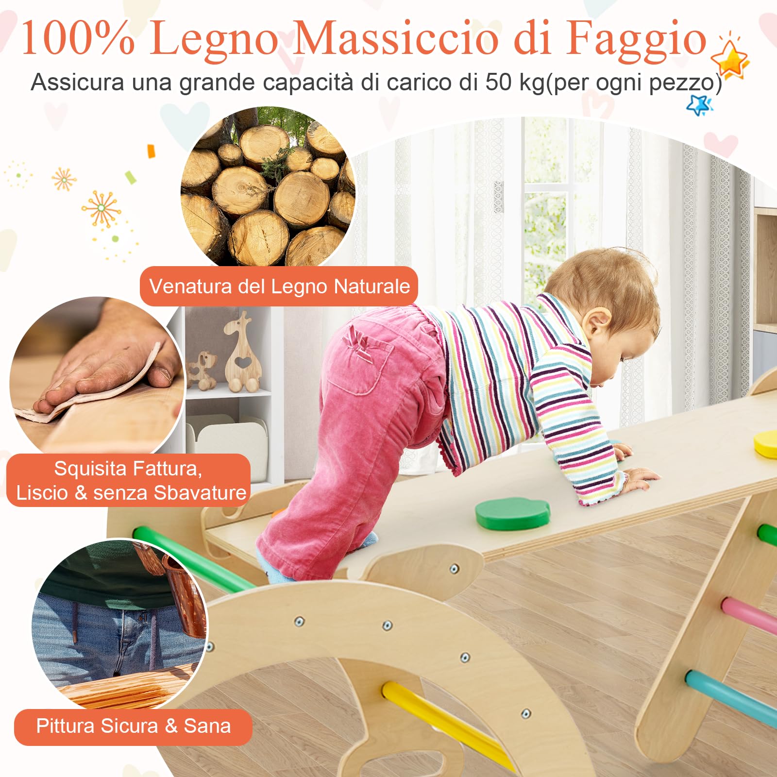GYMAX 4 in 1 Set Arrampicata per Bambini con Scivolo,Triangolo di Arrampicata di Gioco in Legno, Giocattoli da Arco di Arrampicata, per Bambini 1 Anno+ (COLORATO)