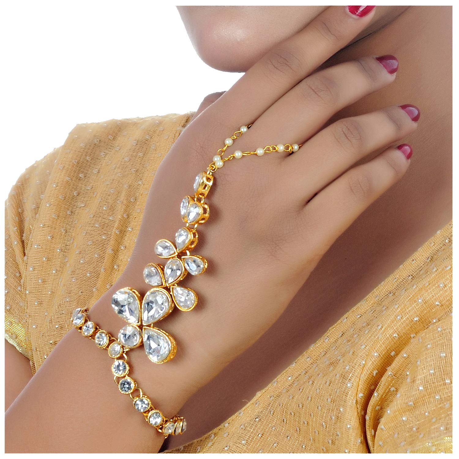 Lucky Jewellery Elegant White Color Gold Plated 1 Pair Finger Ring Bracelet for Girls & Women 2
