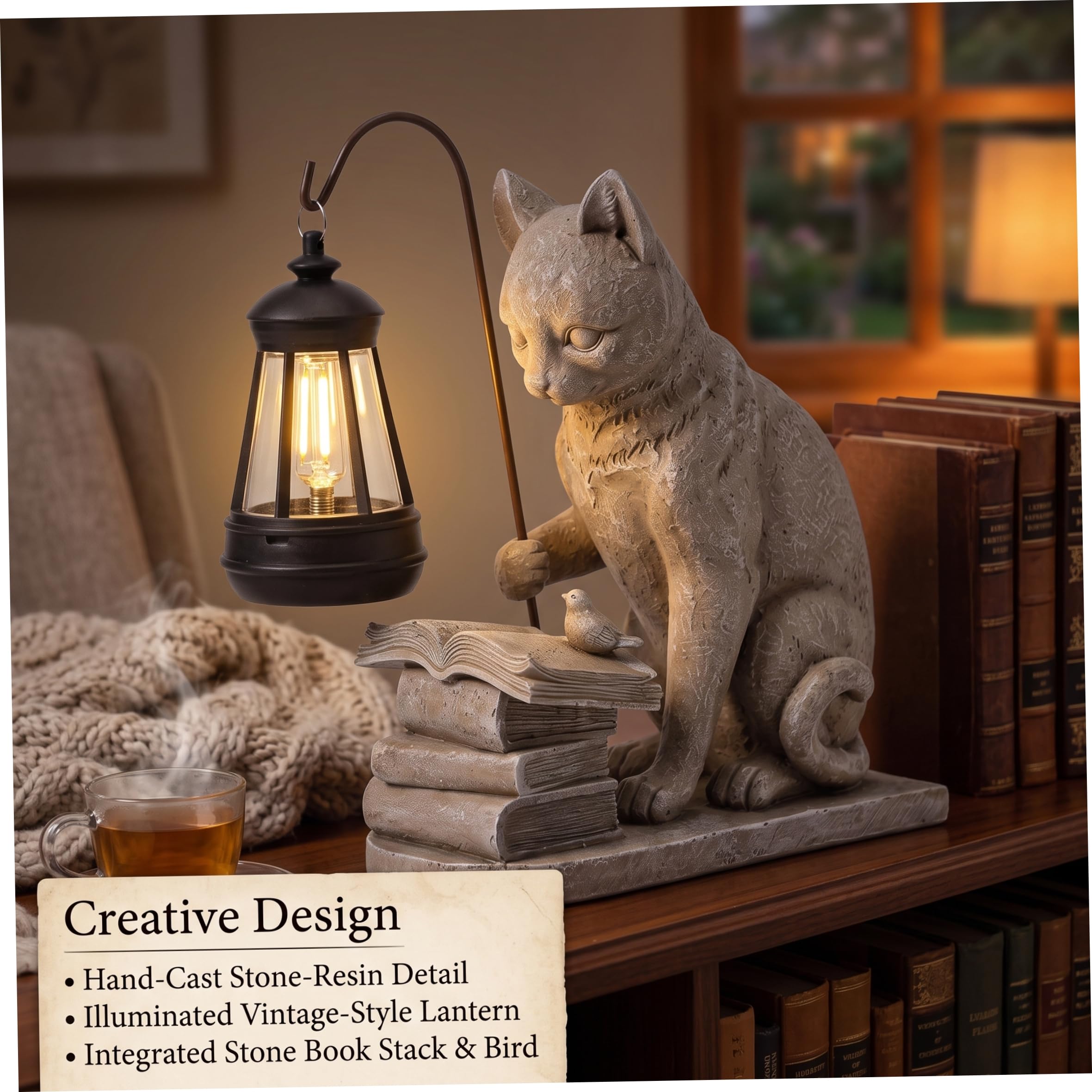 Statua da giardino di gatto solare in resina grigia con lanterna, statuetta di gatto ad energia solare per la decorazione del prato del patio esterno, giardino luminoso notturno, ornamento carin