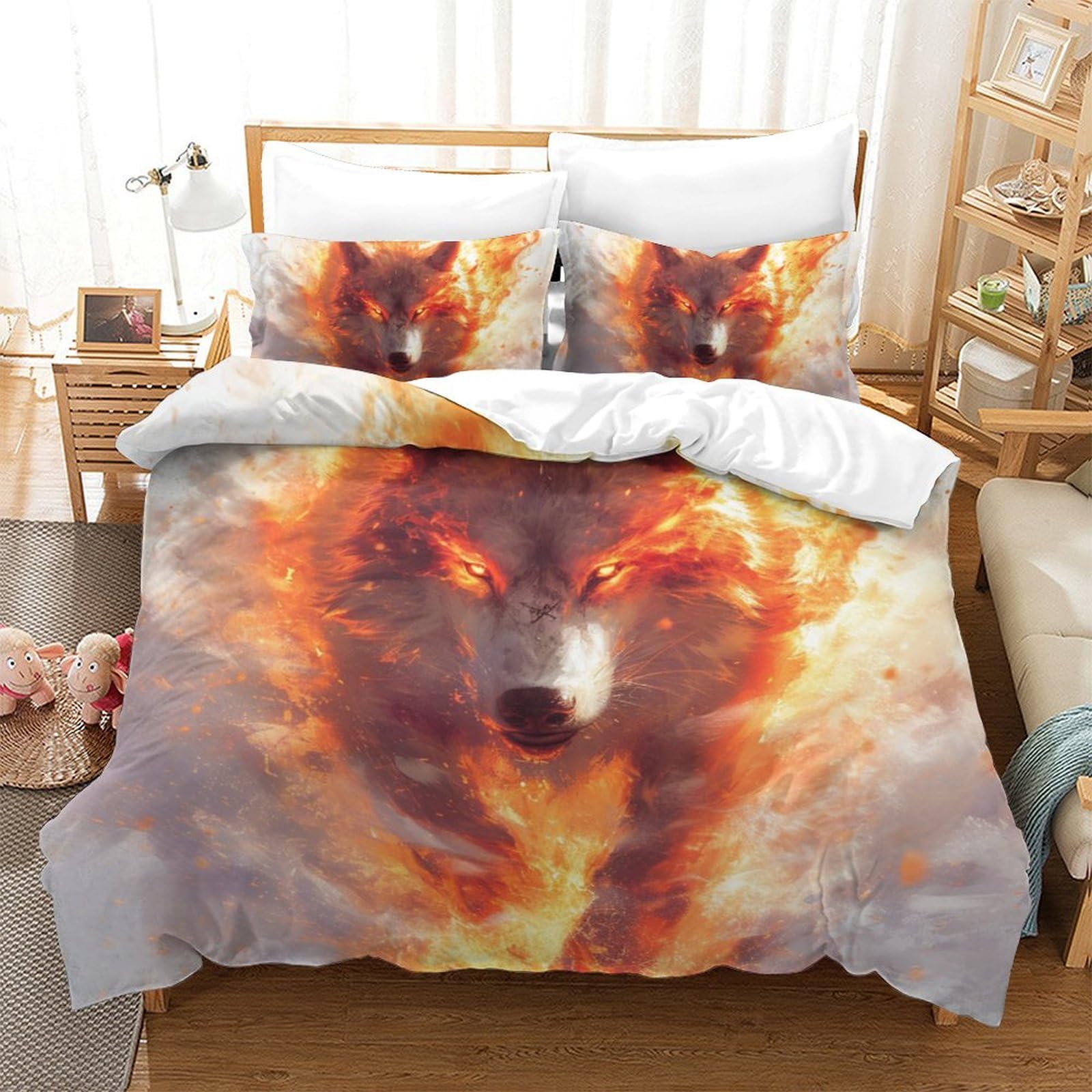 Parure de lit loup 3D en microfibre 220x240 cm avec housse de couette King et taies