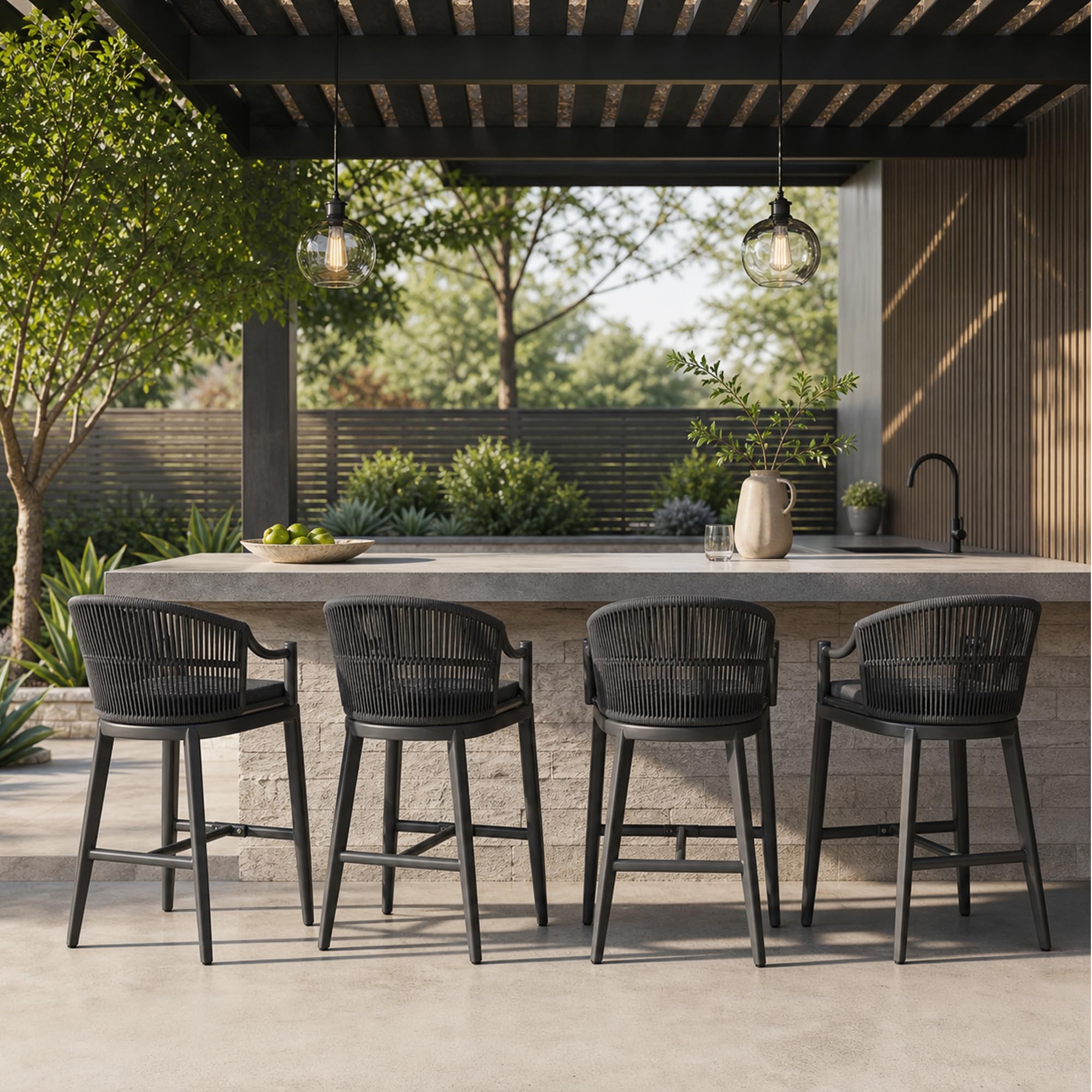 PURPLE LEAF Counter Height Outdoor Bar Stools Set of 4 Ergonomic Back, Grey