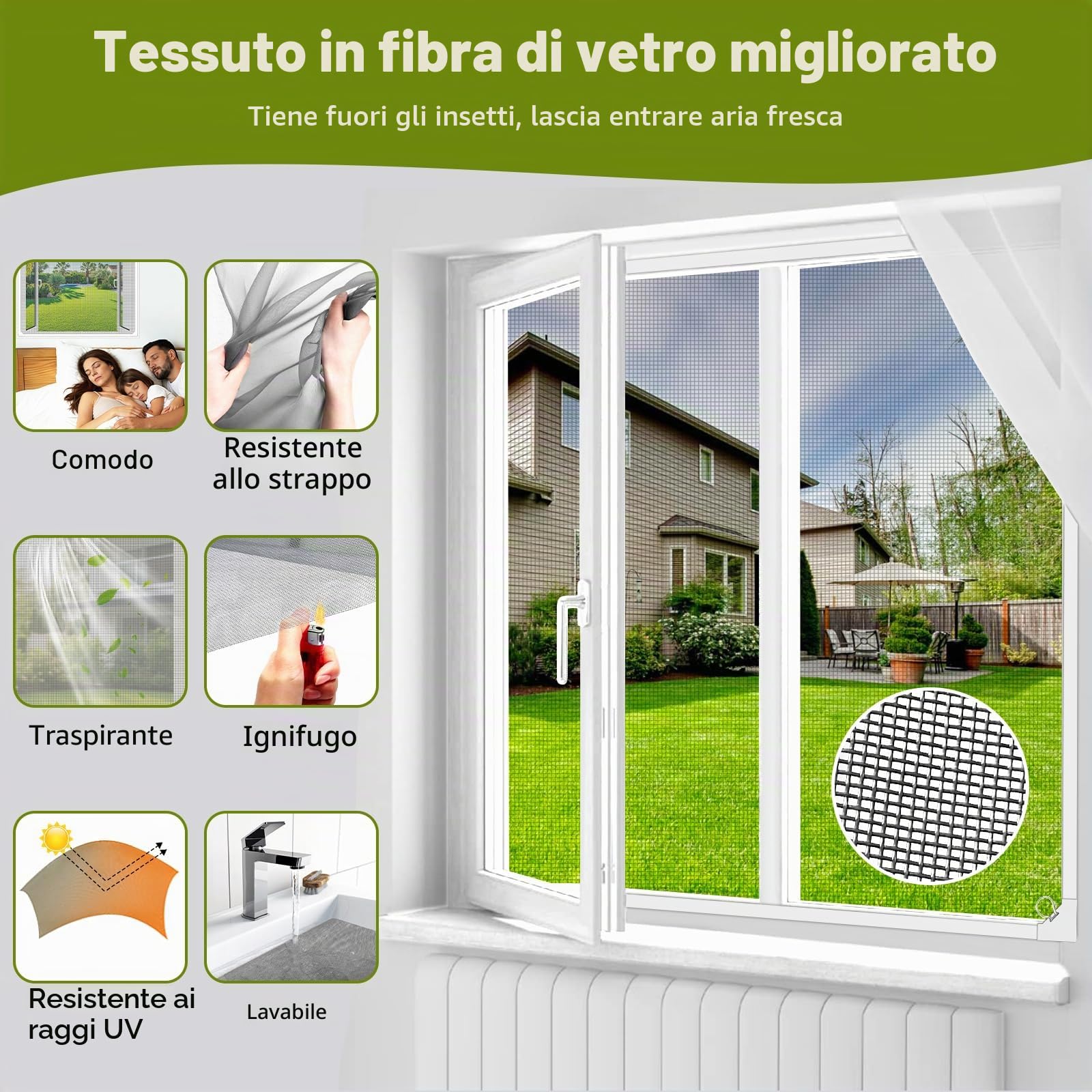 Zanzariera Magnetica Finestra,150x180 cm DIY Regolabile | Rete in Fibra di Vetro, Senza Forare, Facile installazione ,Zanzariere Magnetiche per Finestre, Telaio Bianco e Rete Grigia