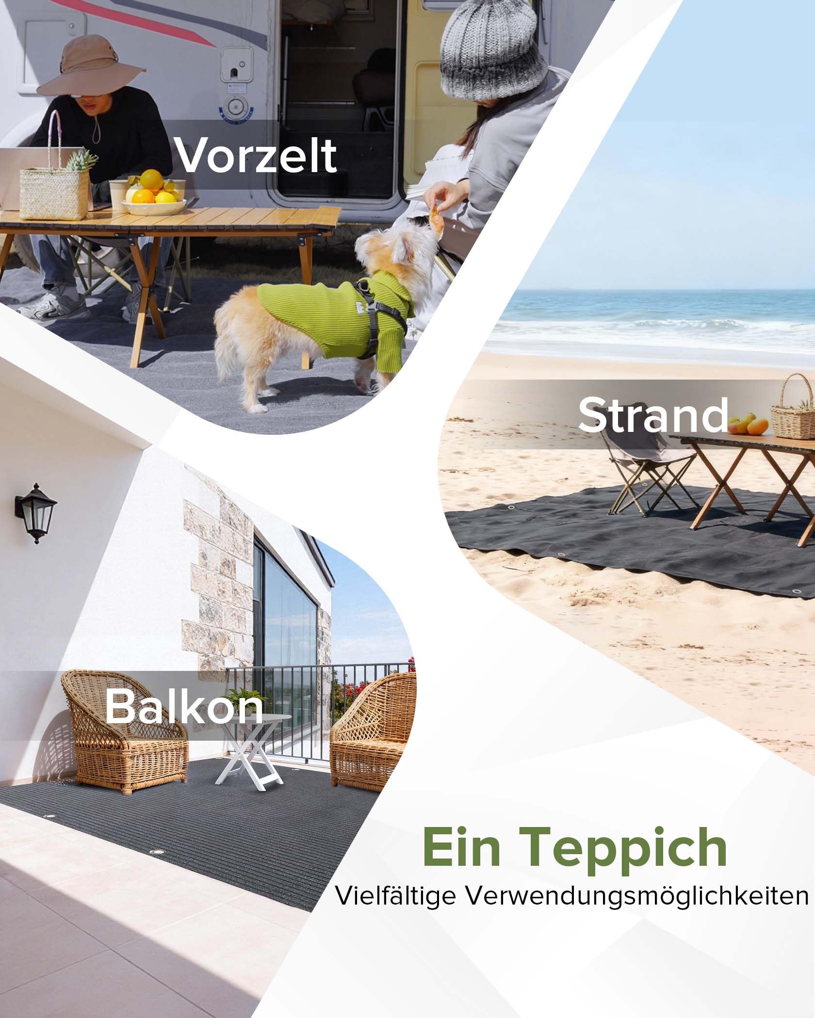 FoundGo Vorzeltteppich mit Ösen [280g/m² HDPE] Camping Teppich Outdoor Vorzeltboden inkl. Tragetasche 8 Stahlnägel & Wäscheleine