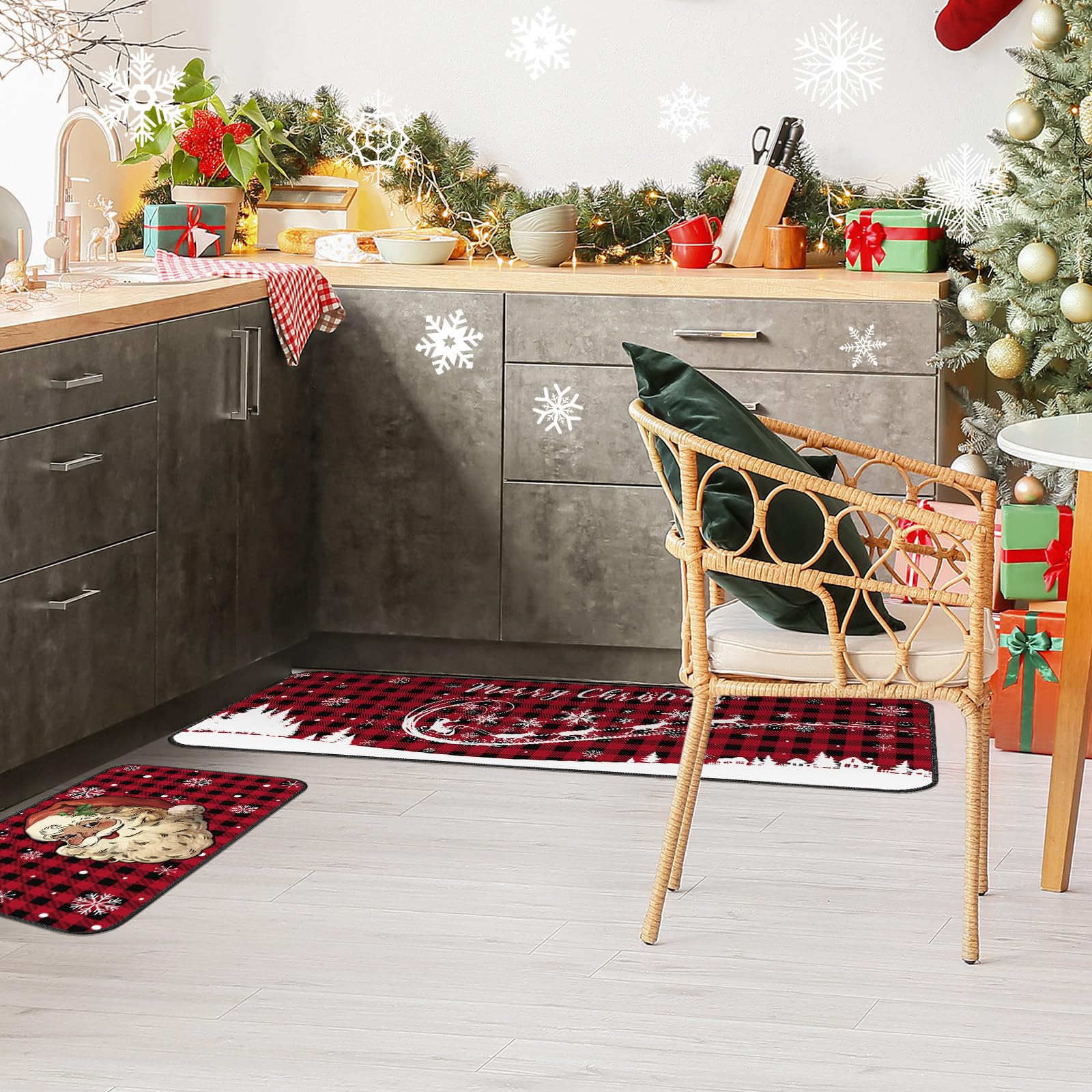 Suttmin Christmas Kitchen Rugs Sets of 2 Santa Claus Snow Gnome Non Slip Floor Mat Low Profile Plaid Winter Decorative Christmas Rug for Indoor Home Decorations, 17x29 and 17x47 Inch (Santa Claus)
