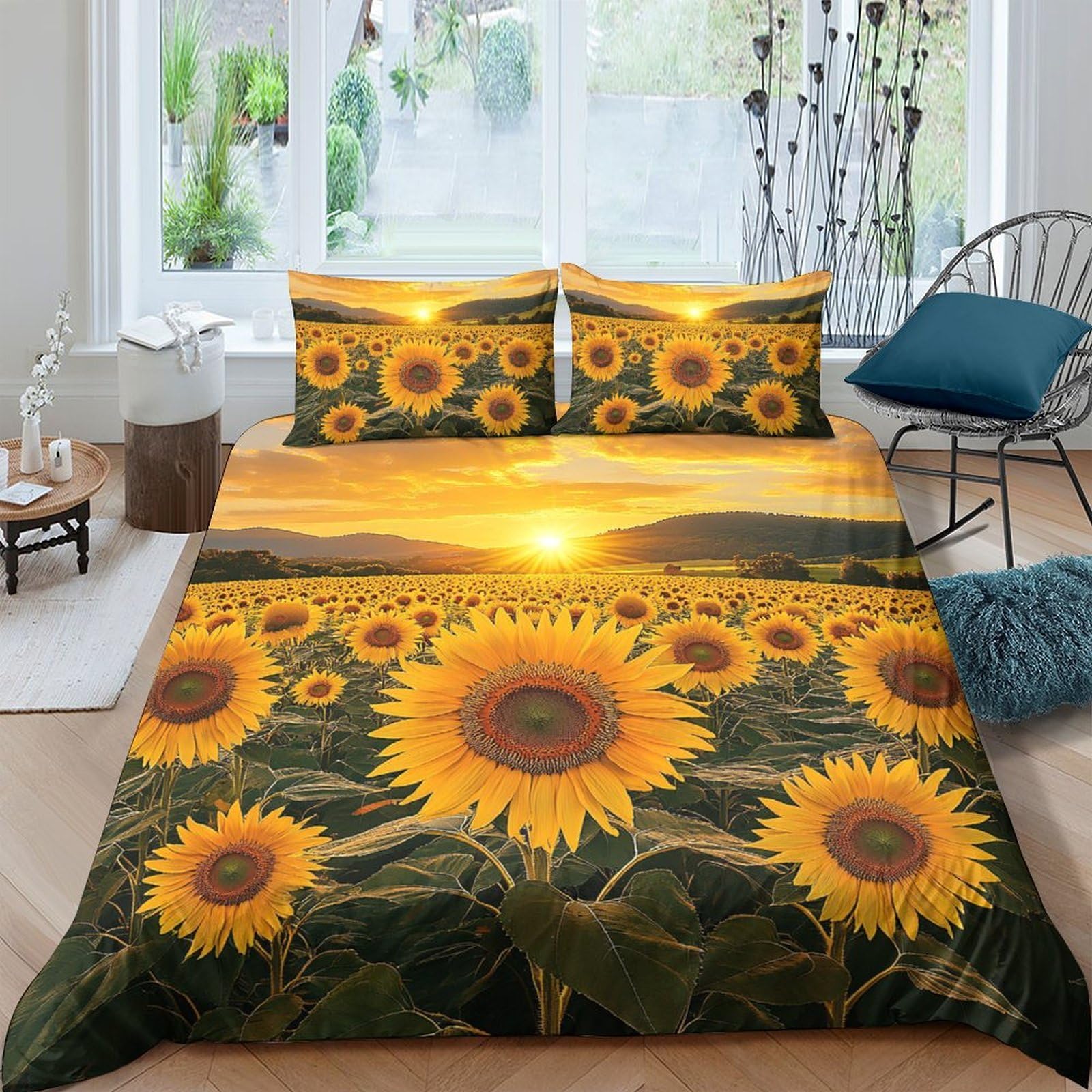 Ctjqhvkz Style-5 3D Printed Sunflower Field Fitted Sheet Microfiber Soft Yellow Sunset Bed Cover Anti-Slip Easy Care For Bedroom Home Decor Single（135X200cm）
