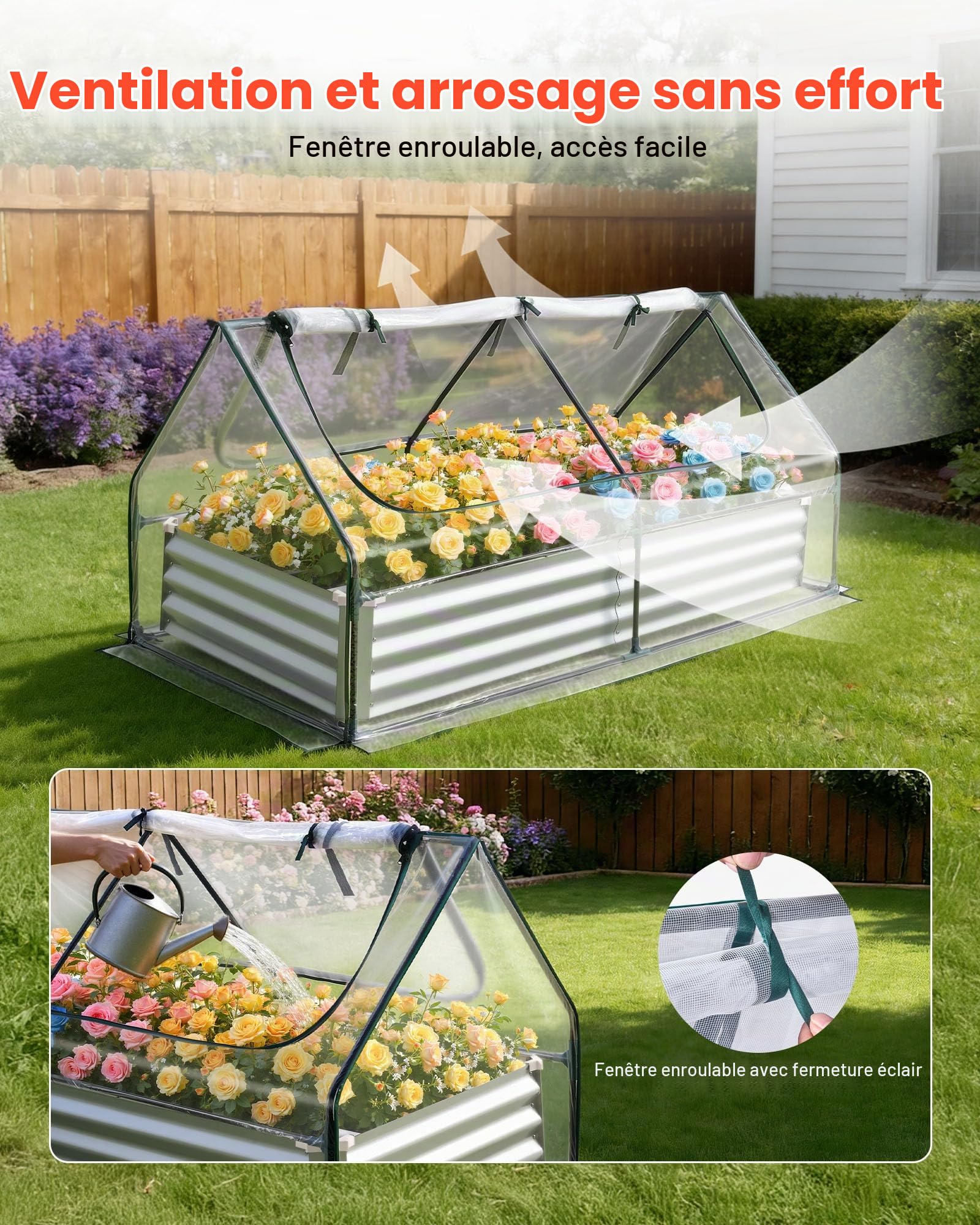 VEVOR Potager Surélevé Métal avec Bâche de Serre Carré Potager Surélevé 180x90x30 cm Lit de Jardin Rectangulaire pour Culture Légumes Fleurs, Fond Ouvert, Galvanisé Aluminium-zinc, avec Gants, Argenté