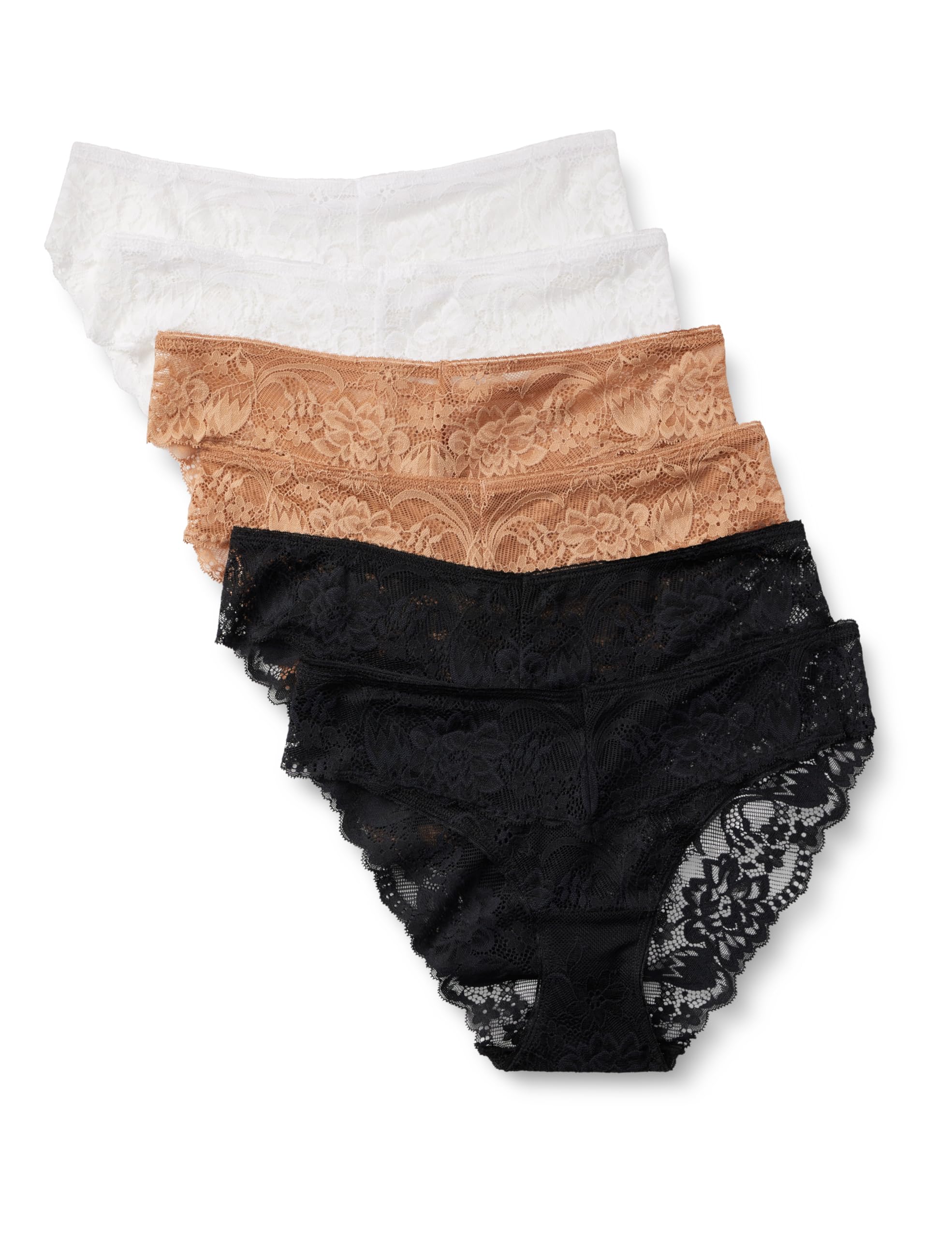 Amazon Essentials Damen Stretch-Höschen mit Galonspitze in den Ausführungen Bikini, Hipster, Tanga und High Waist, 6er Pack, Gewaschene Bronze/Schwarz/Weiß, 46
