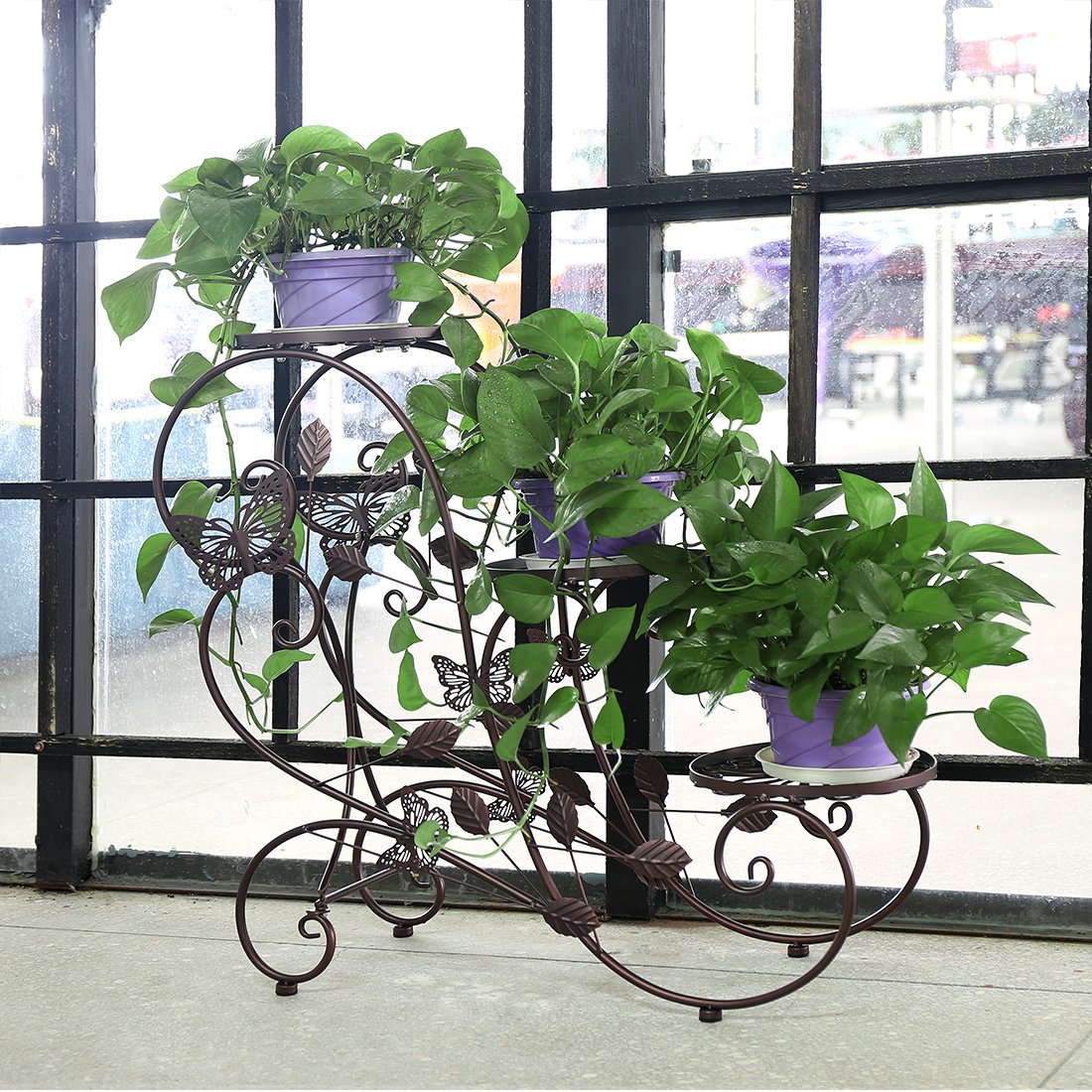 HLC Porta Piante da Interno，Metallo Porta Piante，Portavasi Piante da Interno Portapiante Retrò 3 Ripiani Stand di Piante Porta Piante Elegante Particolare da Esterno，75 x 28 x 66 cm（Bronzo）
