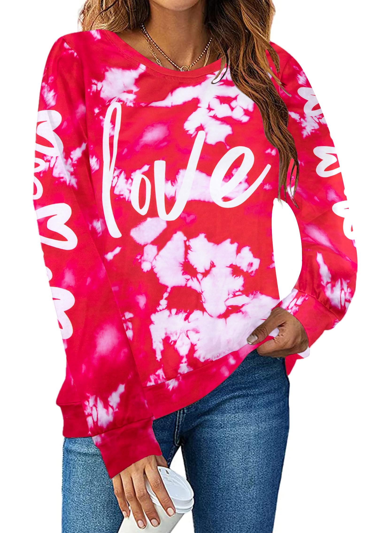 FASHGL size Large Women's Tie Dye Heart Shirt Valentine's Day Lightweight Pullover Casual Lover Gift Long Sleeve Tops Shirt
