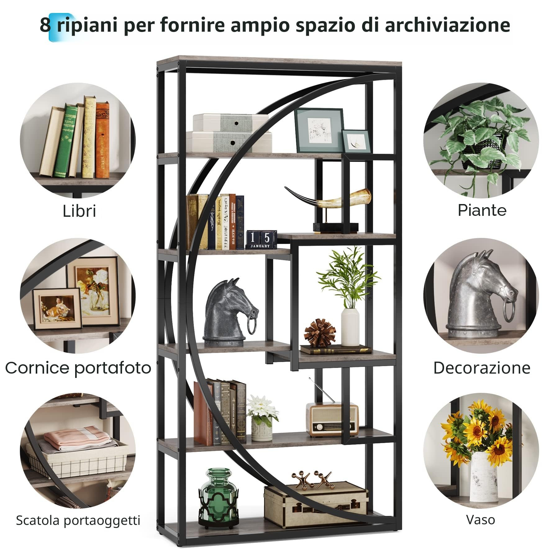 Tribesigns Libreria a 5 livelli, Scaffale Portaoggetti, libreria alta 180 cm con 8 ripiani di stoccaggio aperti, Struttura in Metallo, per libri, esposizione, ufficio, soggiorno, grigio vintage