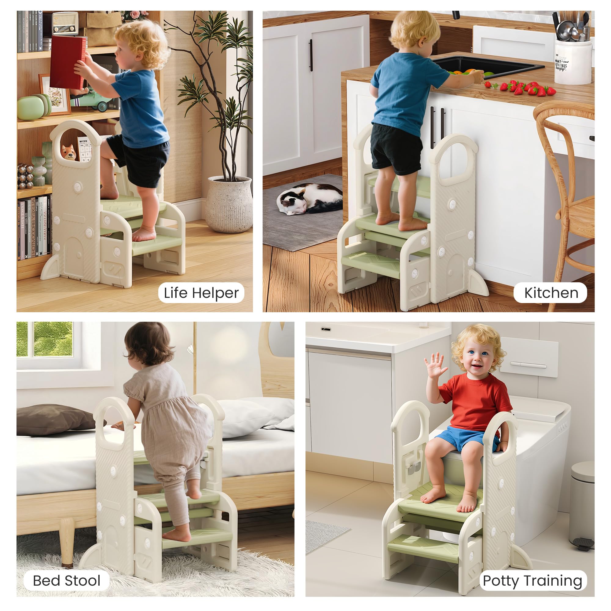 Hominewti Sgabello Per Bambini, Altezza Regolabile A 2-3 Gradini, Sgabello Pieghevole Multifunzionale Per Bambini Con Braccioli, Antiscivolo, Scaletta Per Bambini Piccoli, Per Bagno E Cucina, Verde