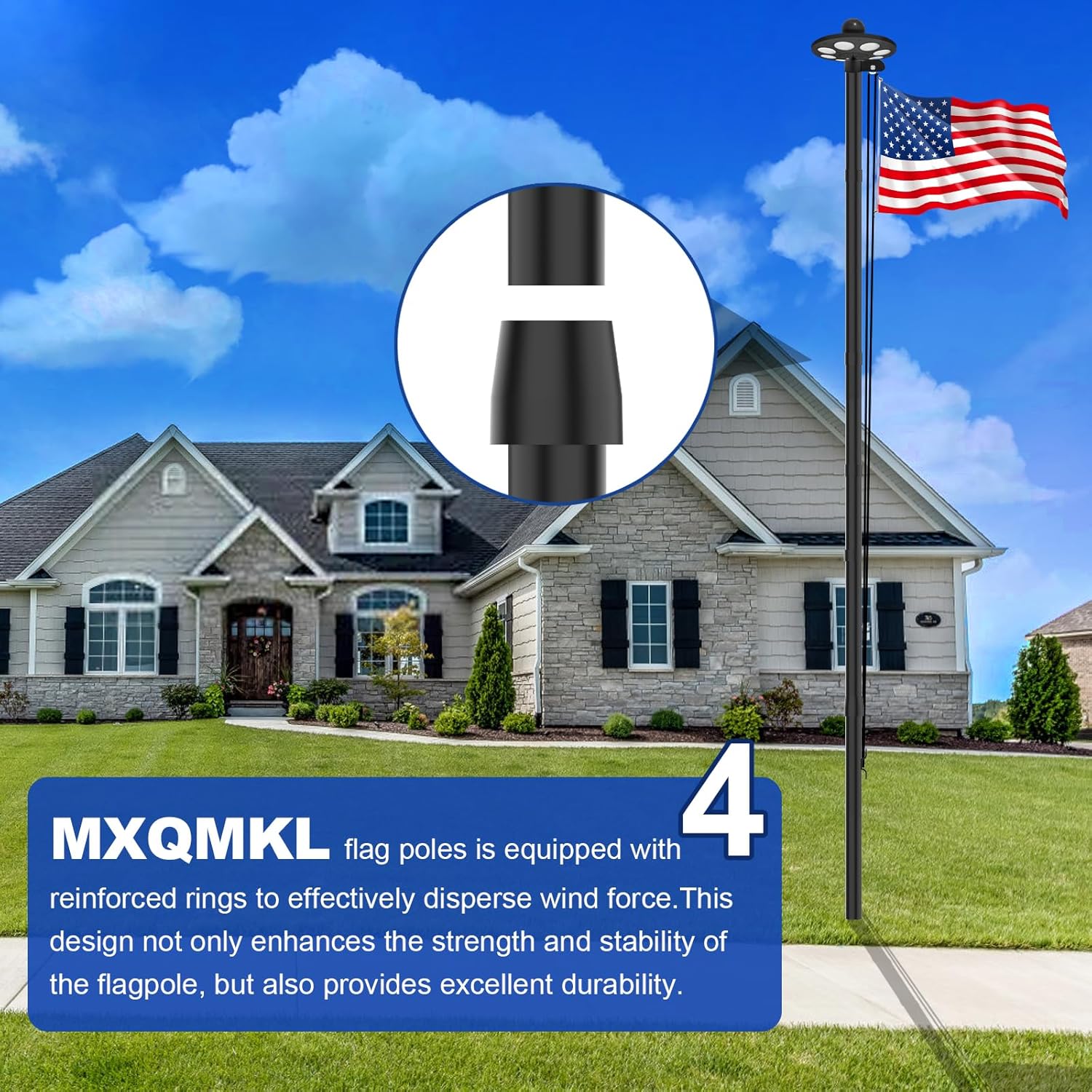 MXQMKL 20FT Heavy Duty Solar Flag Pole Kit,12 Gauge Flag Pole for Outside House Thick Aluminum Flagpole with 136 LED Light & 3x5 American Flag for Outside Ip67 Waterproof,Black - Image 8