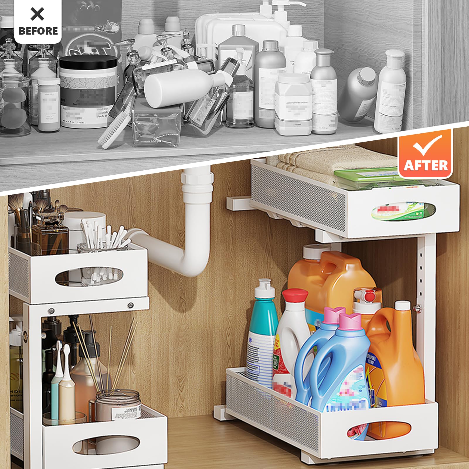 Organizer da sotto il lavandino, grande organizer estraibile per cassetti, organizer per cassetti scorrevoli, organizer in metallo, ripiani regolabili in altezza per dispensa da cucina (bianco, 2