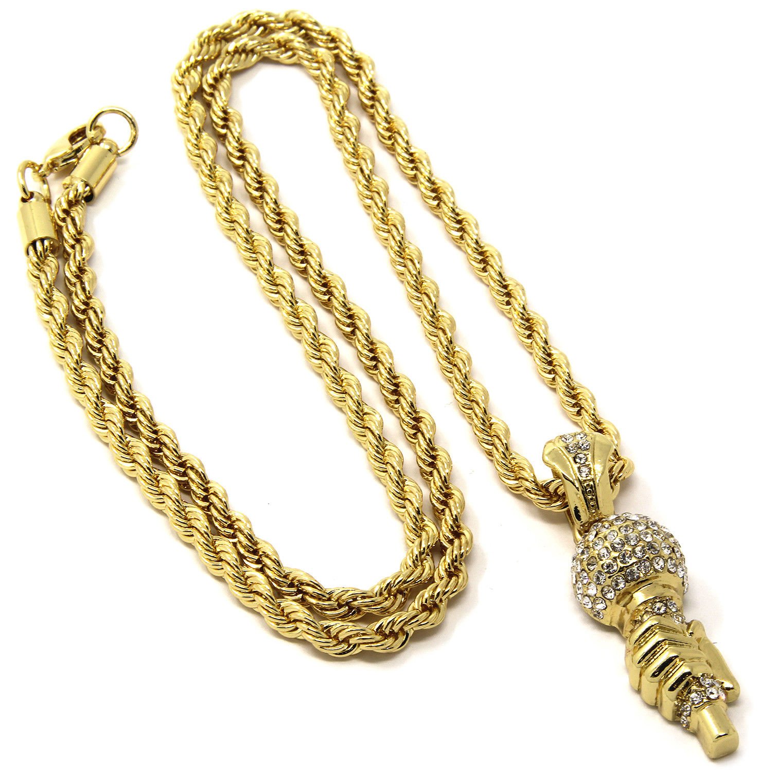 Mens Gold Plated Hands On Mic Rap Hip-Hop Pendant 30" Rope Chain Necklace D939