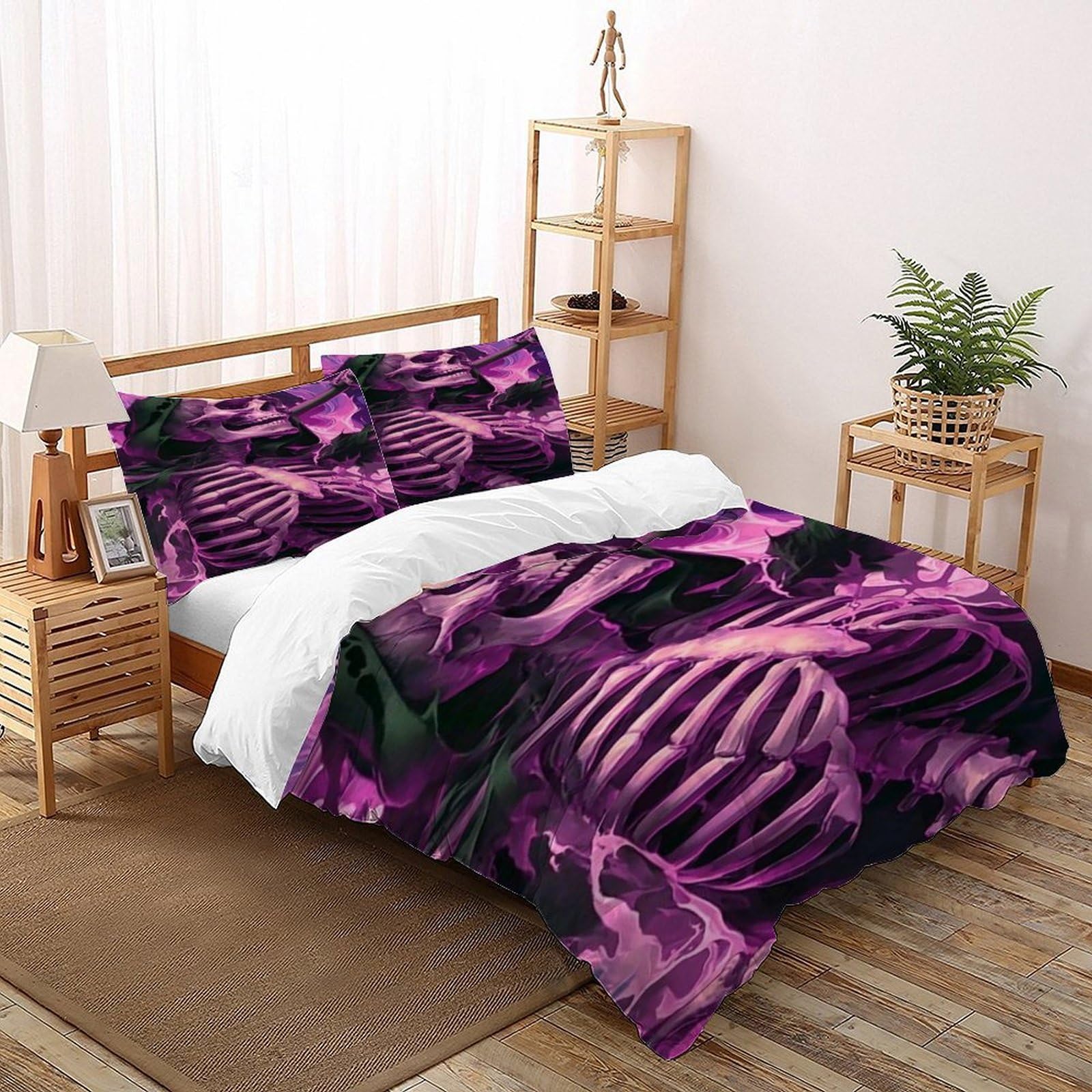 Housse de couette gothique 3 pièces 260x220cm microfibre lit adulte motif squelette