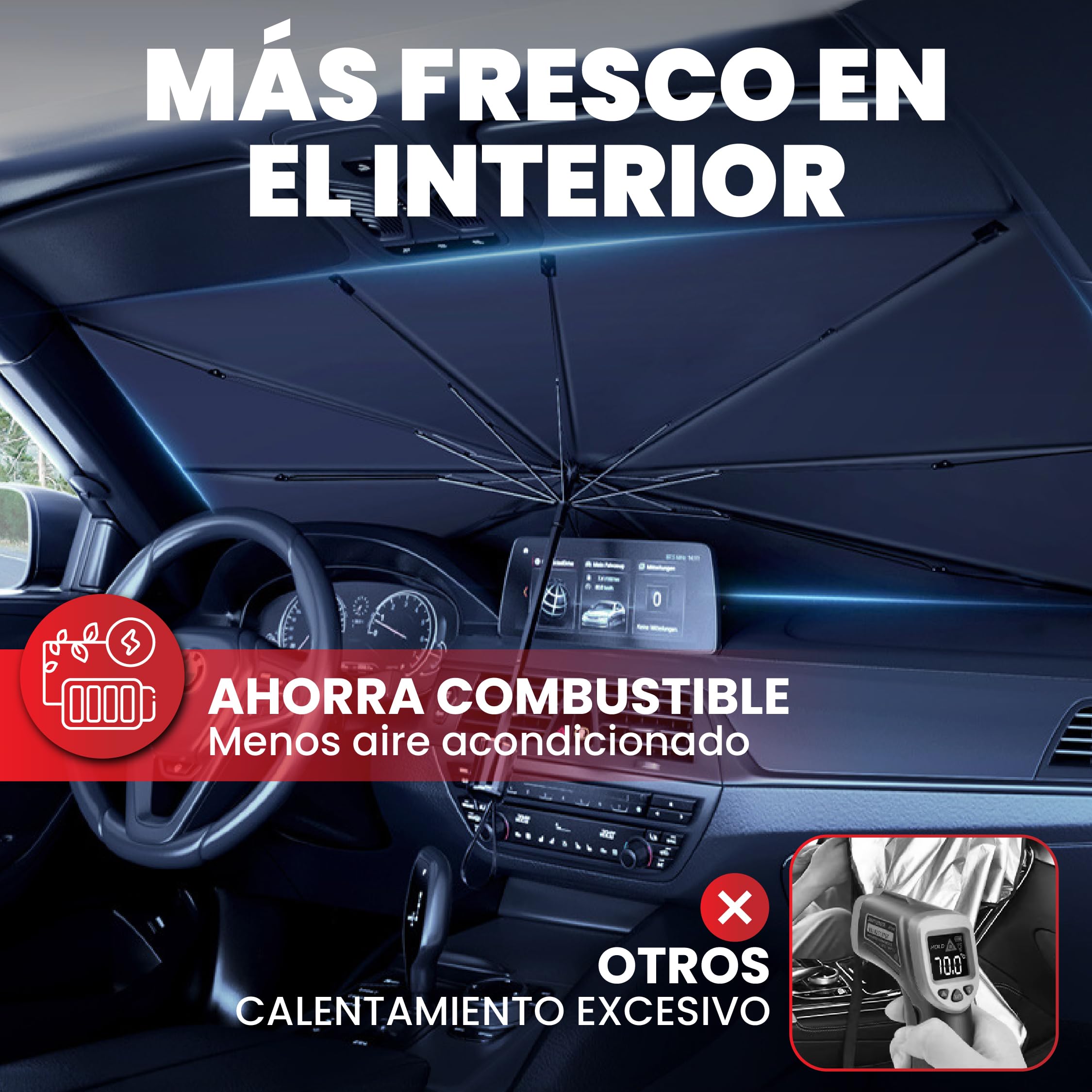 Parasol Coche Delantero 140 cm x 80 cm, Protector Solar de SUV y Camión, Parasol Paraguas Coche de Poliéster, Plegable con Eje Giratorio 360º y Revestimiento de Titanio, Resiste a los Rayos UV