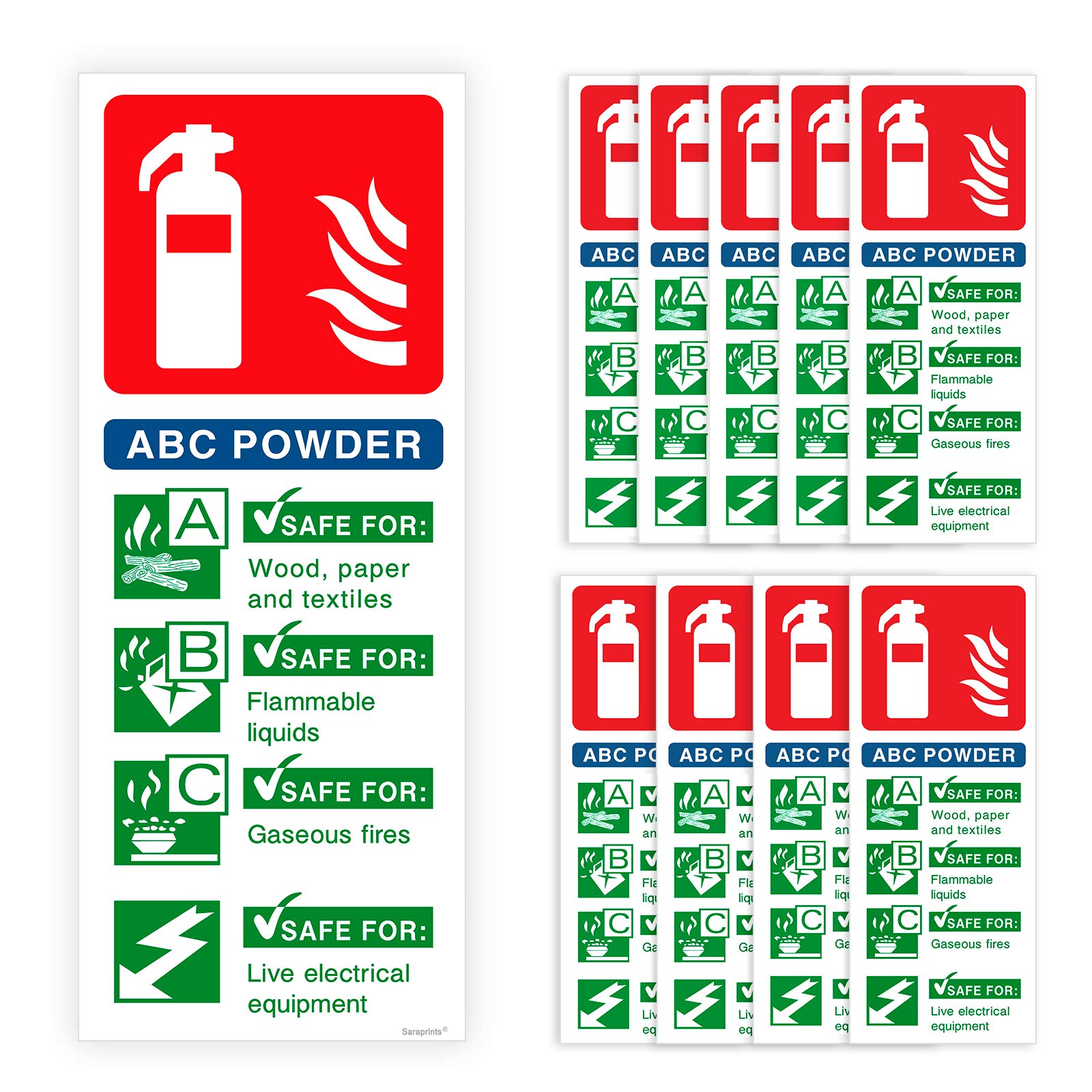 Pack of 10 Fire Extinguisher Signage Self Adhesive Waterproof Vinyl 200mm x 80mm V1145