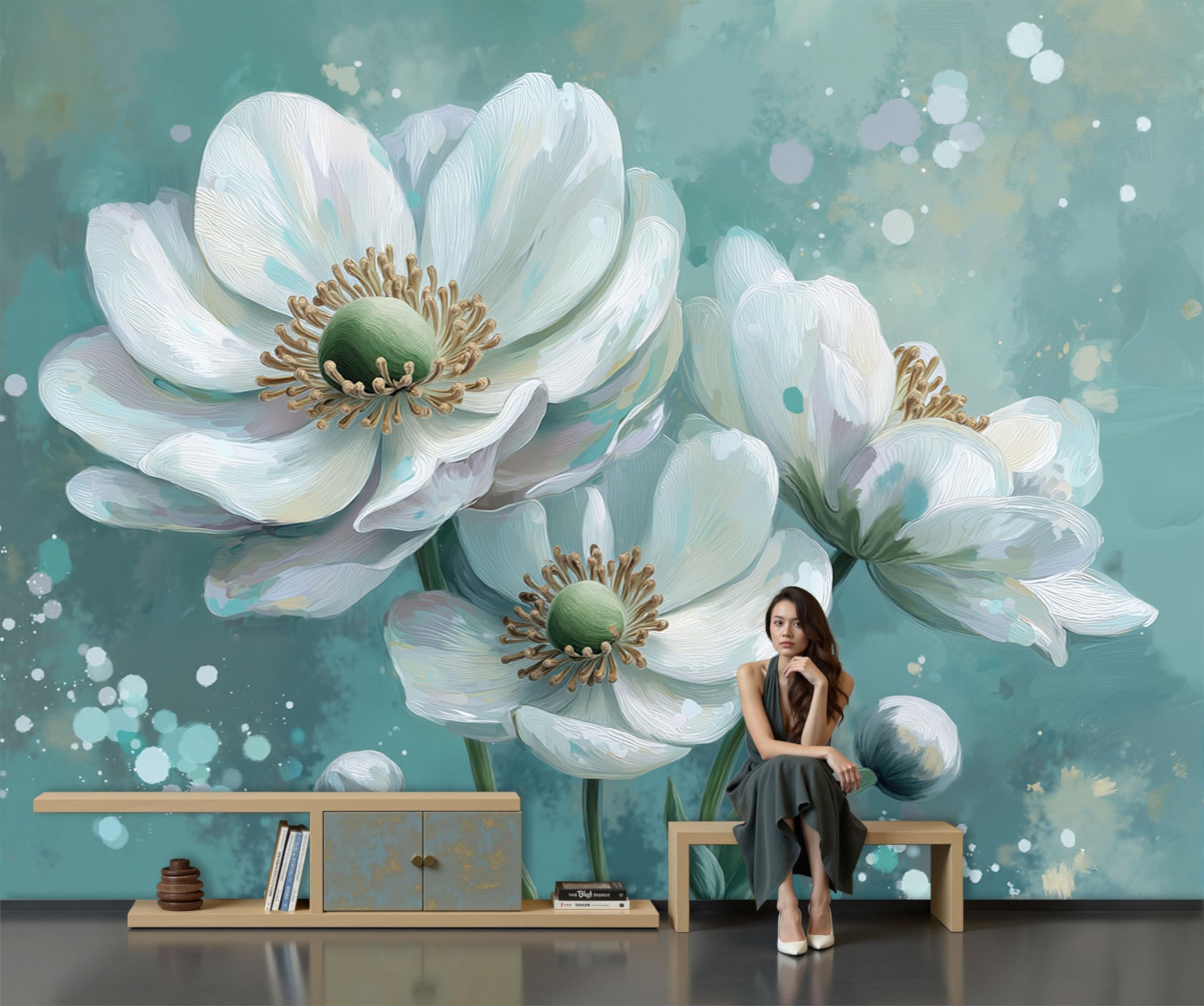 Papier peint panoramique effet 3D relief visuel fleurs peintes à l'huile grand format