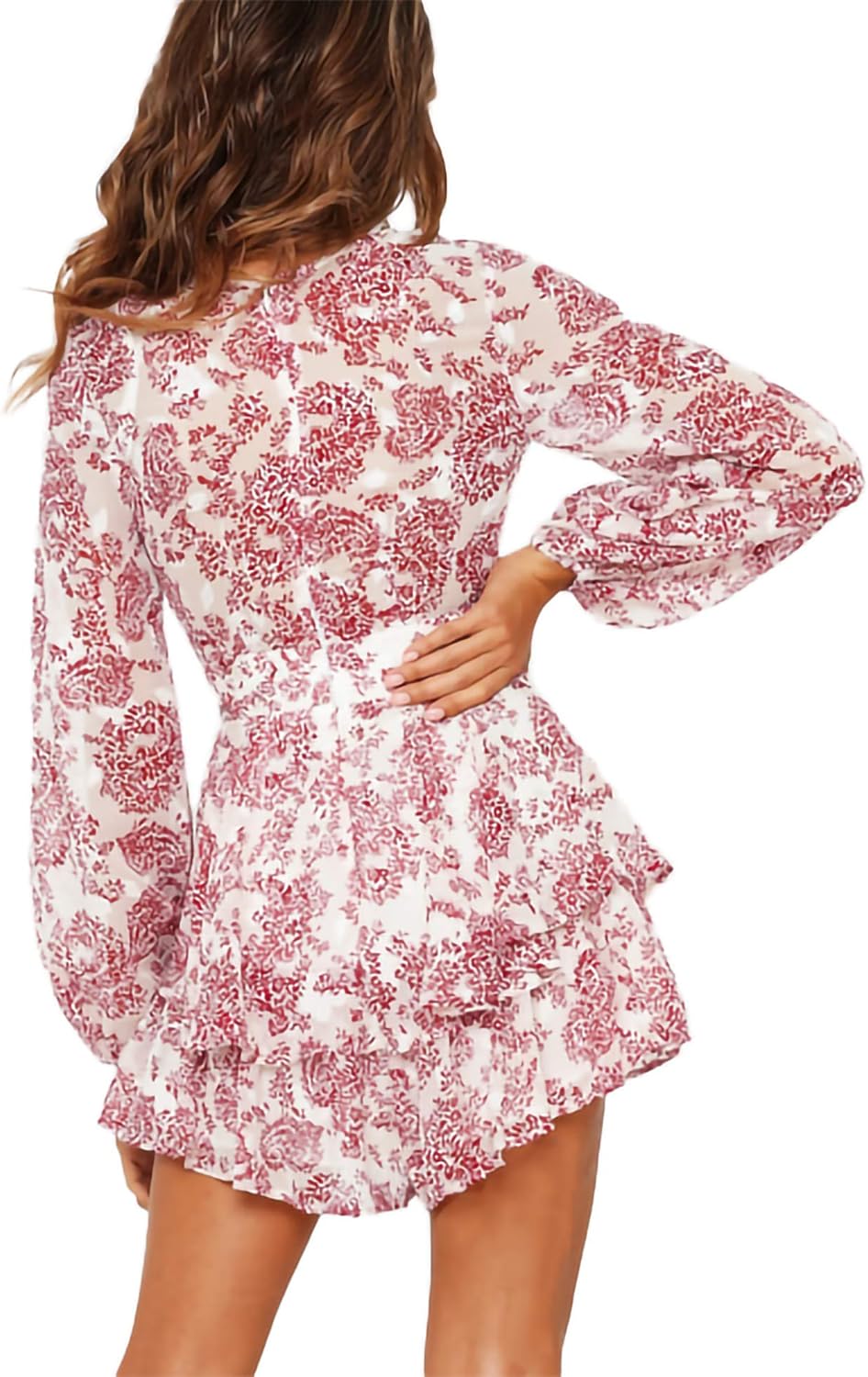 AIMCOO Women's Floral Print Deep V-Neck Romper Double Layer Ruffle Hem Jumpsuits Long Baggy Sleeves Waist Tie Short Rompers - Image 4