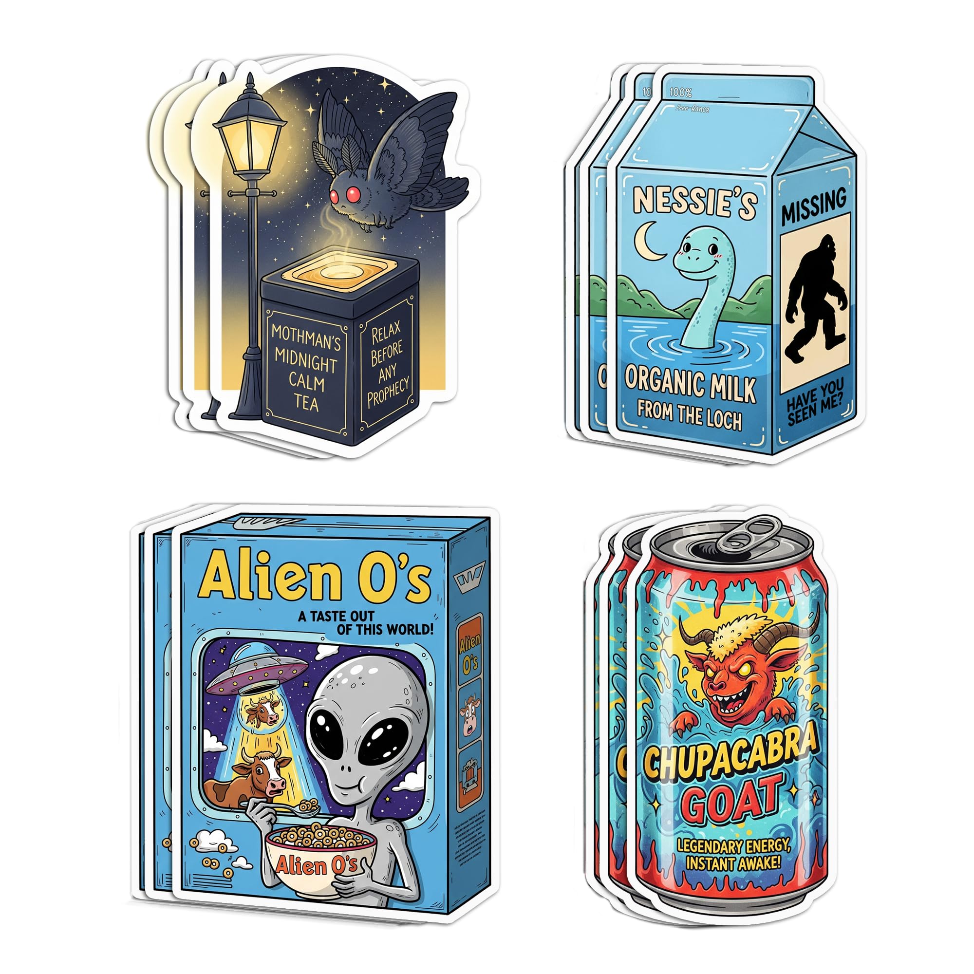 (12 PCS) Nessie's Cryptid Stickers Pack – Alien, Loch Ness, Mothman & Chupacabra Designs - Waterproof Vinyl Decals – Mythical Creature Humor Set