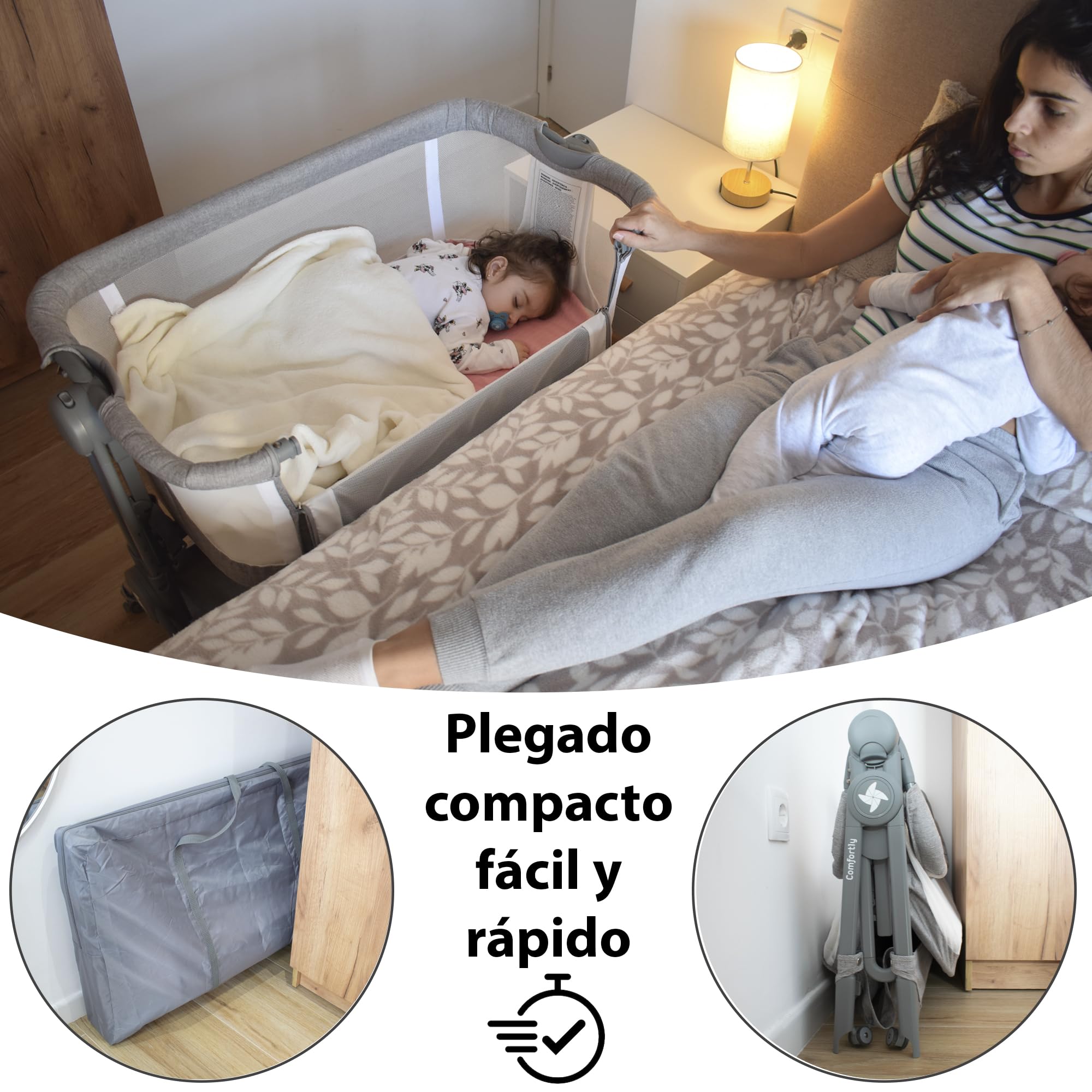 Twinly Comfortly - Cuna Colecho Bebé y Moisés 2 en 1 con Ruedas | Minicuna de Viaje Plegable, Sin Montaje, Altura Ajustable y Función Antireflujo | Incluye Colchón, Sábana Algodón y Bolsa (Wood)
