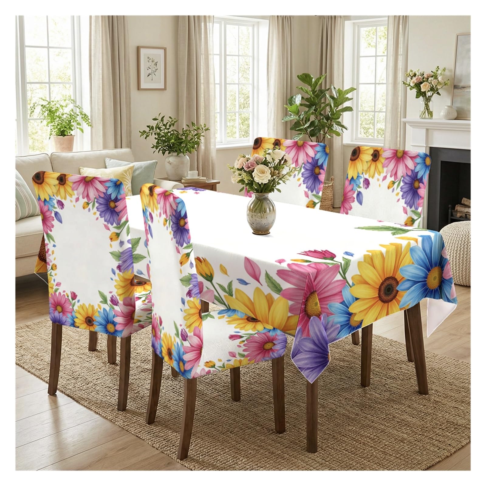 KXUAUV Stretch Dining Chair Slipcovers And Tablecloth Set, Colorful Daisy Sunflower Print, 5/7 Pack For Dining Room Spring Home Decor Party Decor(5pcs Set: Tablecloth+Chair Covers)