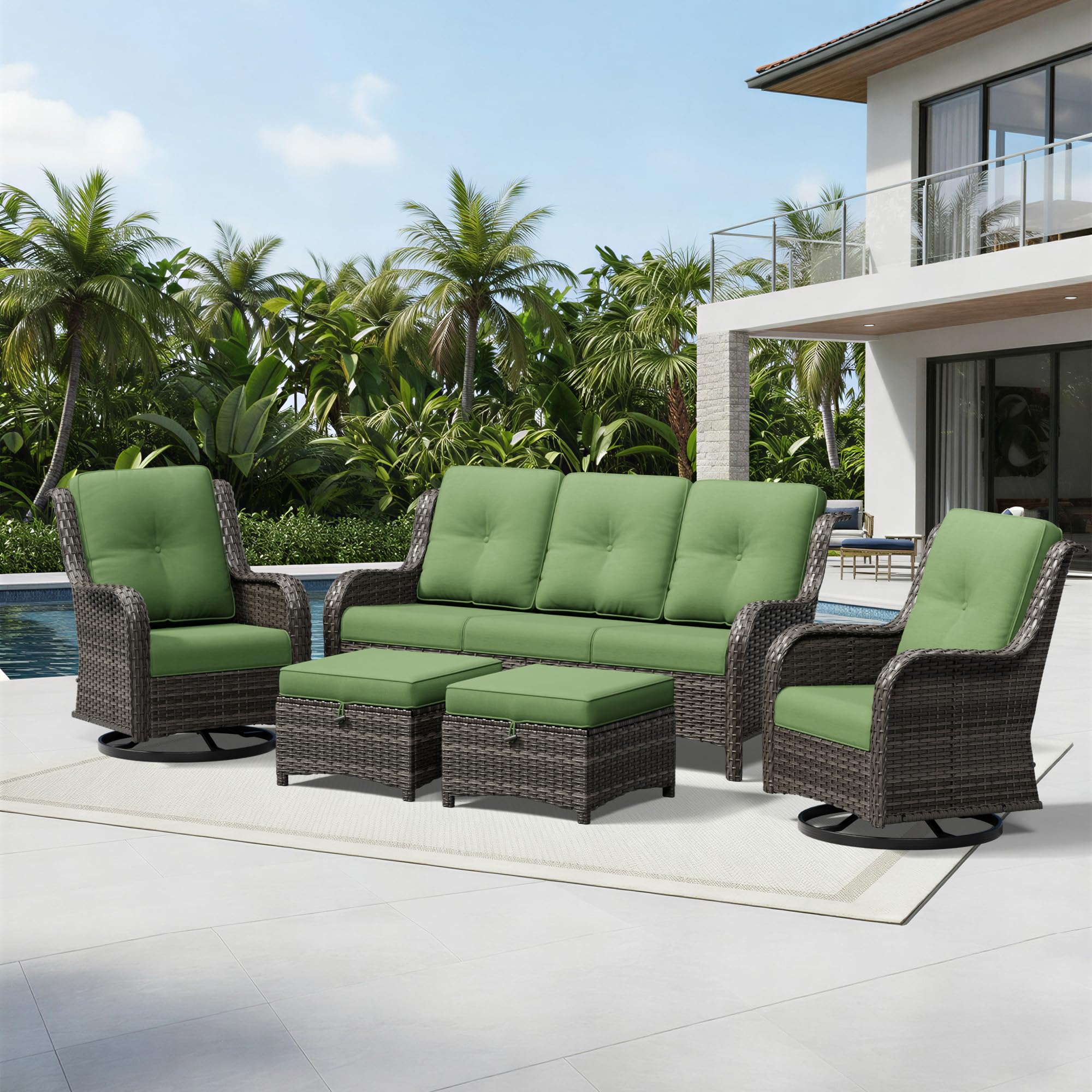Joyside 5 Piece Wicker Patio Furniture Set, Outdoor Swivel Rocker Patio Chairs with High Back, Deep Seating, Wide Armrest, Thickened Cushions, Outdoor Furniture for Deck, Porch Use