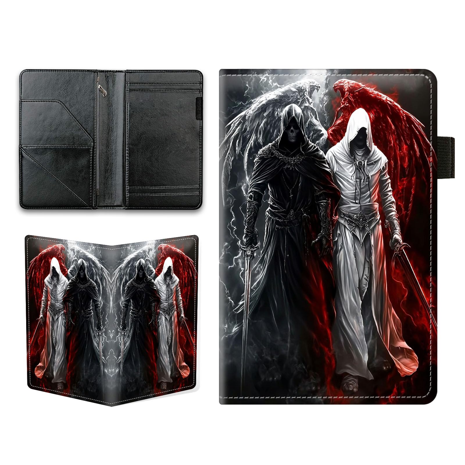 KUJKBFWJ Server Books for Waitress - Cute Server Guest Book with Zipper Pocket & Note Pad Holder | PU Leather Waiter Book Organizer, Apron-Compatible Server Wallet, Grim Reapers